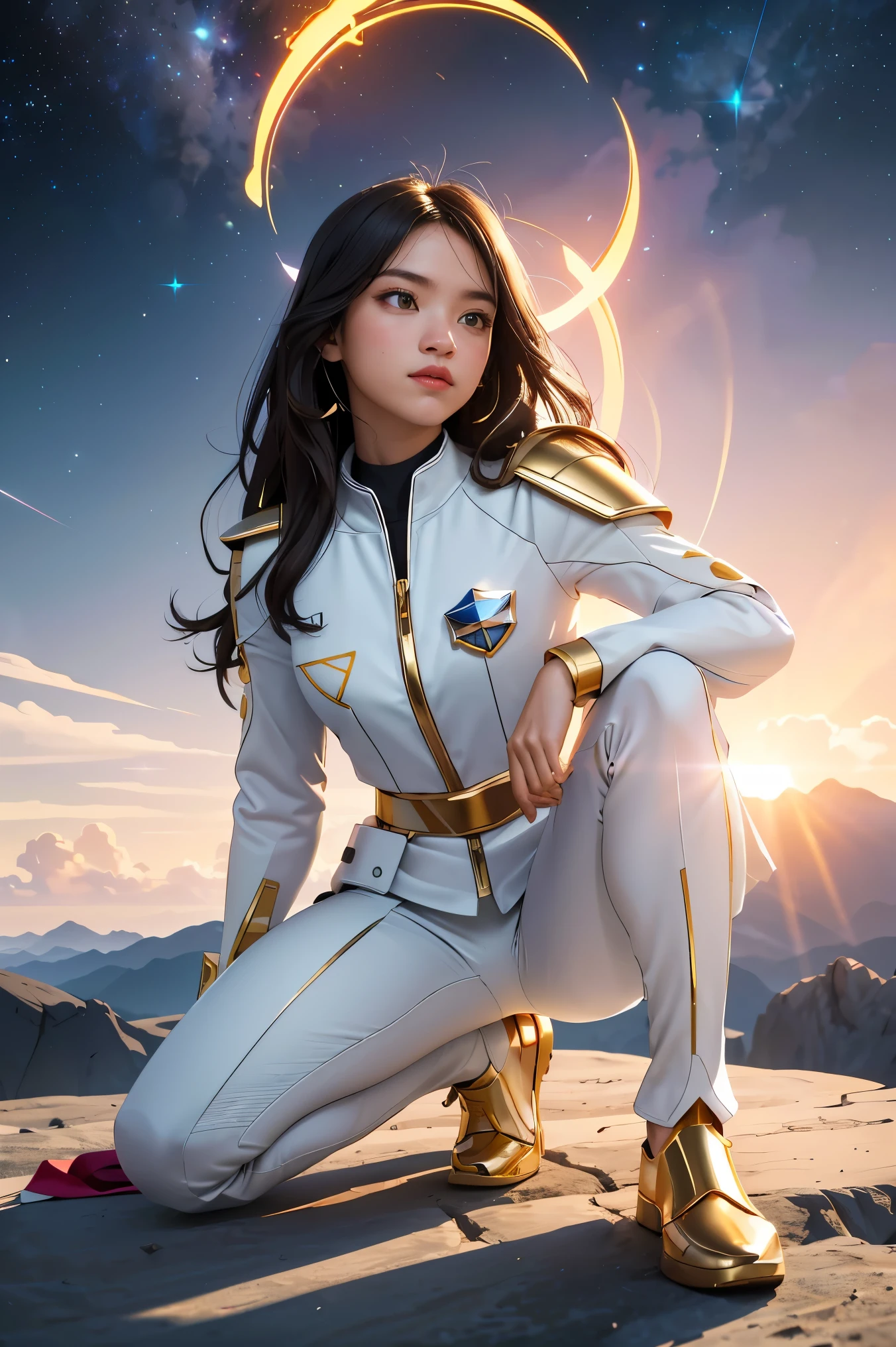 ((masterpiece, best quality, extremely detailed), volumetric lighting, ambient occlusion, colorful, glowing), 
1girl, solo, young girl, (dark hair), long hair, halo, aura, sacred, goddess, cleric suit, (white outfit with gold detailst:1.3), armor,
outdoors, sunset, sky, clouds, space, (fantasy theme:1.2),ม 1girl, full body, Illustration, cinematic light, high resolution, best quality, ultra-detailed, masterpiece, power suit, powerranger, suit, spd,