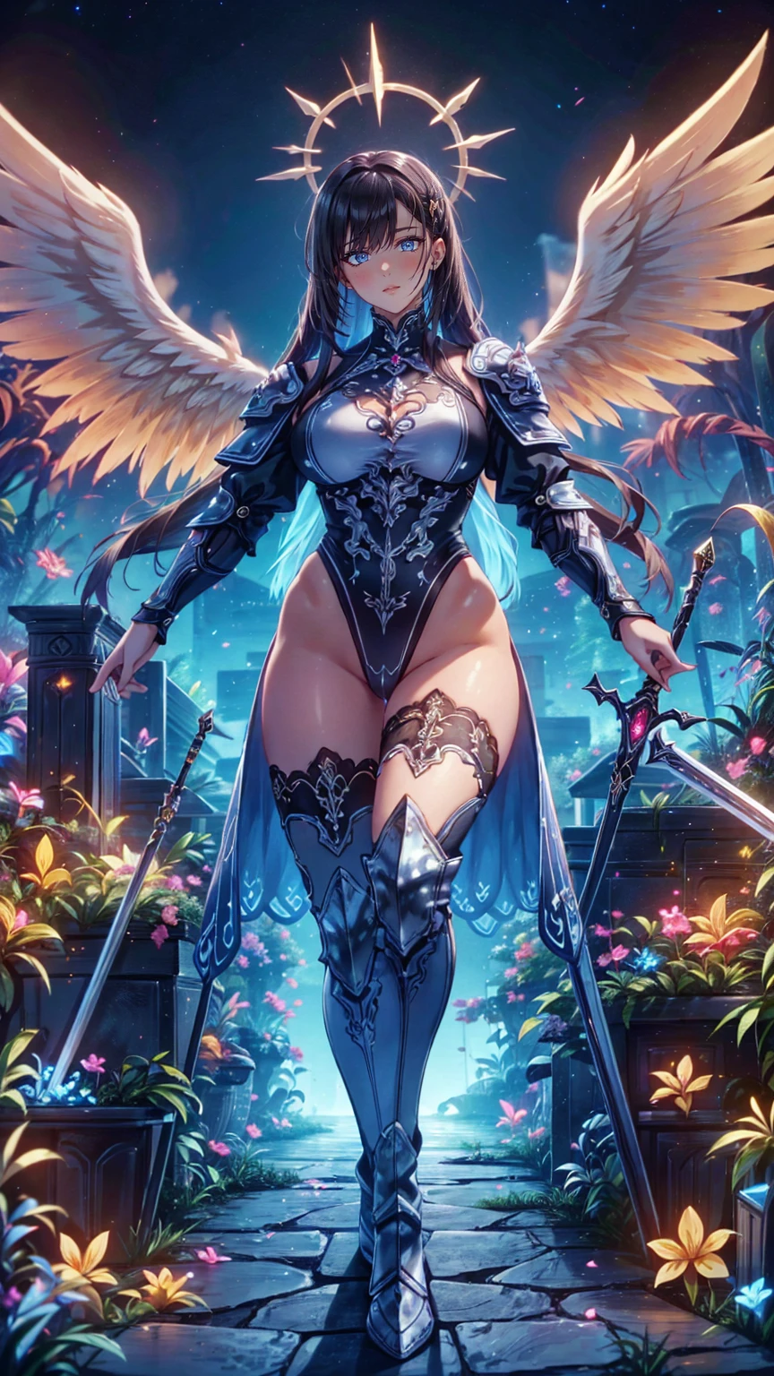 Please follow the all prompts below exactly and faithfully, This is a breathtaking masterpiece of digital illustration, with maximum resolution, UHD, 512K, 2160p, 10 million ppi, 300 million dpi, natural color tones, ultra sharp details, perfect outlines with contrast, ((smooth, soft and clearly and most realistic skin and hair texture)), most beautiful detailed eye features, perfect anatomically correct human body, beautiful background with depth, rule of thirds, depth of field, Maximize all element is used to its full potential to create the best digital illustrations, 1woman, sexy, 25years old, beautiful face sharp, elegant woman, Ultimate perfect body style, beautiful beautiful big breasts, Maximize upturned breasts, green eyes, shiny blonde hair, short hair, bob cut, (eyes visible through hair:1.3), glossy very thick lips, pink lipstick, smile:1.5, An angel with a radiant halo and broad, ethereal wings in a powerful motion. The angel is adorned in a bright, intricately designed skirt with vibrant patterns. The outfit consists of over 20 detailed features, including divine symbols, glowing patterns, and ornate armor. The angel is equipped with a sacred weapon, adding to its magnificent presence.A demon with long, spiraled horns and dark, membranous wings in a powerful motion. The demon is adorned in a bright, intricately designed skirt with vibrant patterns. The outfit consists of over 20 detailed features, including flame-like designs, magical glyphs, and ornate armor. The demon is equipped with a formidable weapon, adding to its terrifying presence.