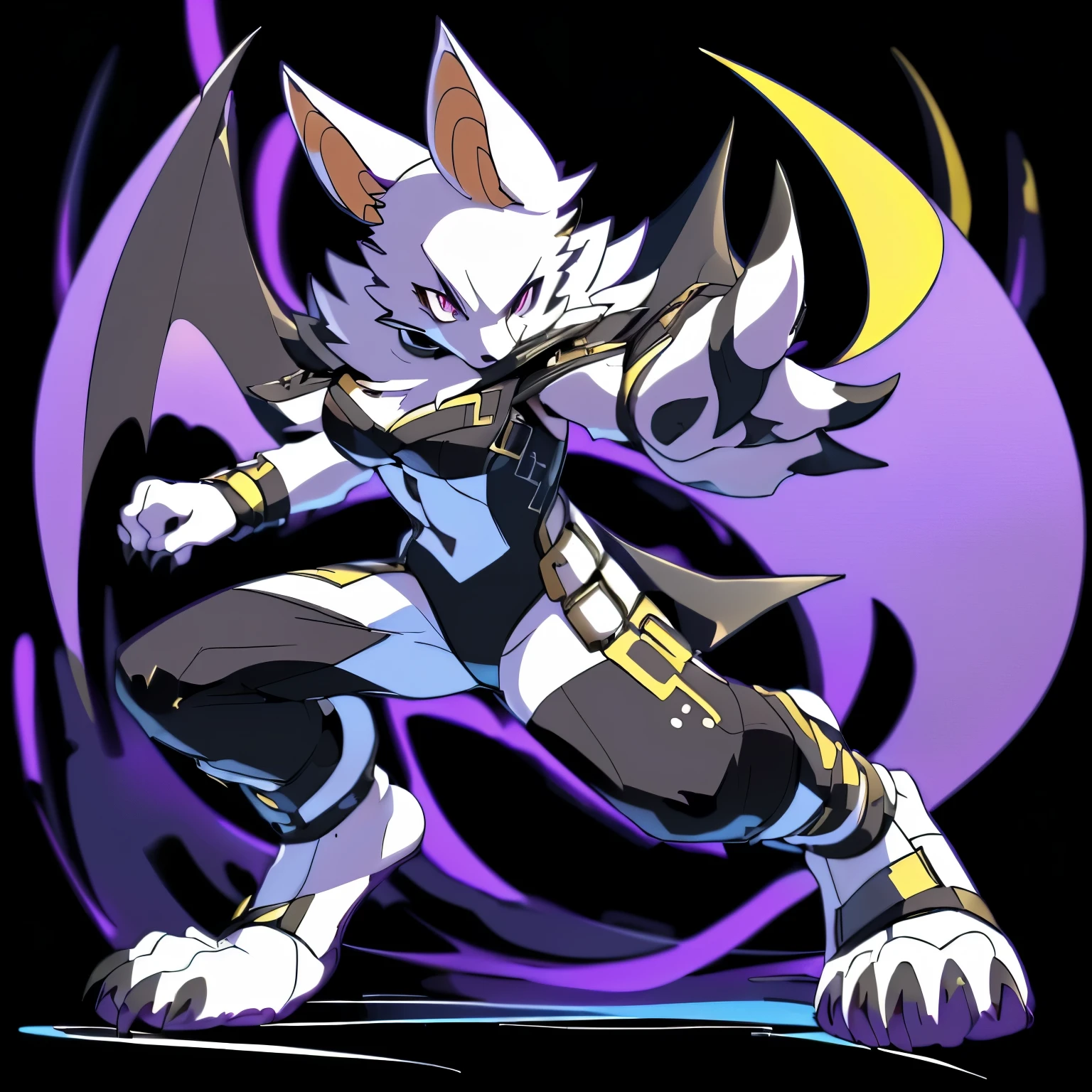 Anime, anime style, ((single person:2)), ((solo drawing:2)), ((solo:2)), ((three-quarter view)), ((Looking to the side)), ((sfw version)), ((female Anthro bat)), ((Tall figure)), ((buxom figure)), ((short white fur)), clawed hands, ((clawed paws)), ((Single Pair of Wings)), ((Huge Bat Wings)), ((Purple and black Bat Wings:1.3)), ((white bat ears)), ((wearing an intimidating outfit that is black and purple)), ((white face)), ((neutral expression)), vivid golden eyes, ((digitigrade legs)), ((digitigrade feet)), ((action pose)), ((solid black background)), highly detailed anime style, clean lines, white face, short white muzzle, white furry cheeks, white furry muzzle, ((white foot paws)), ((foot paws with four toes)), ((Claws on paws))