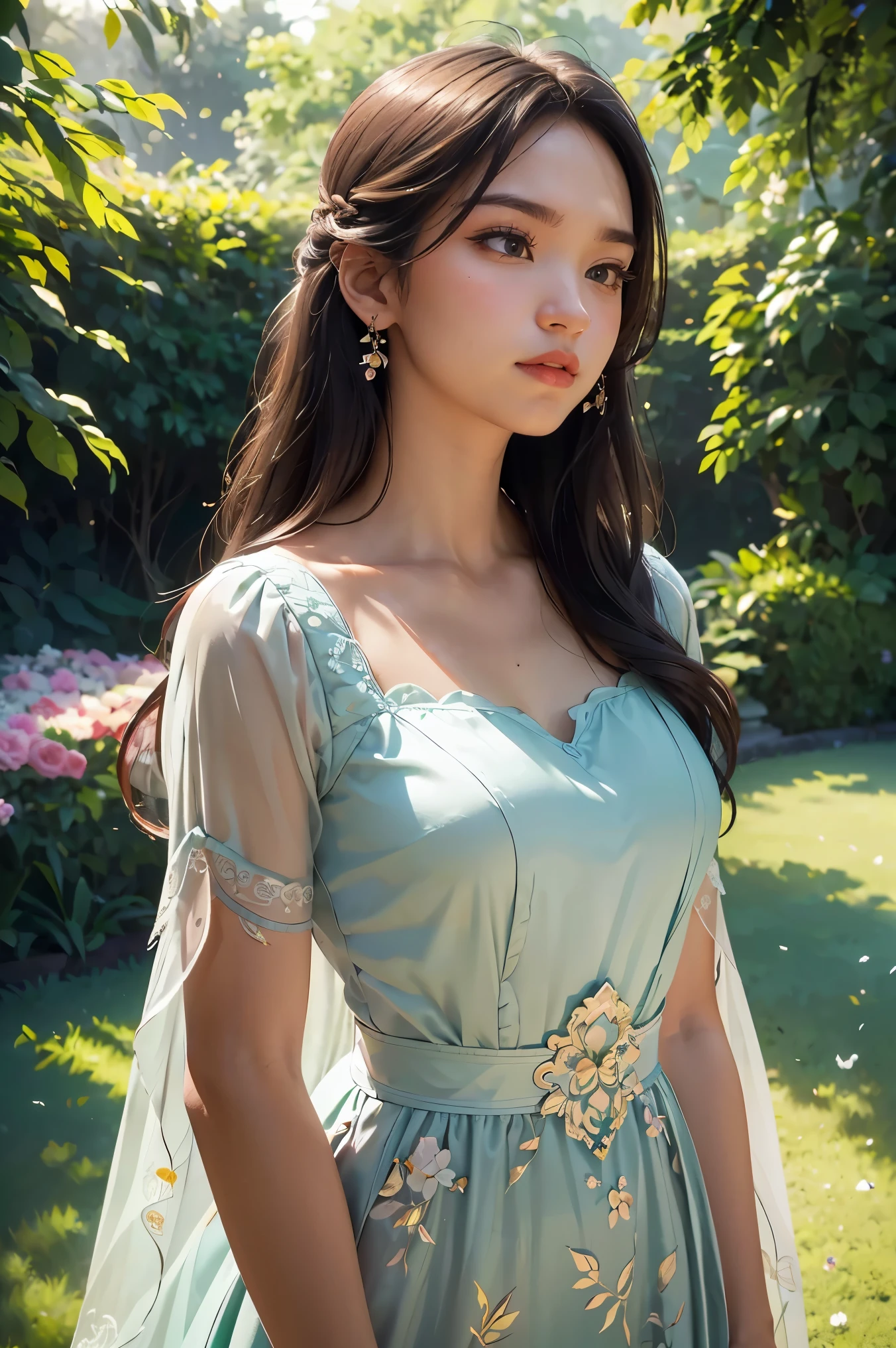 A beautiful young woman in a serene garden, surrounded by lush greenery and vibrant flowers, gazing thoughtfully into the distance. Detailed facial features, long eyelashes, full lips. Flowing dress, elegant pose. Soft, warm lighting. Photorealistic, highly detailed, 8k, masterpiece.