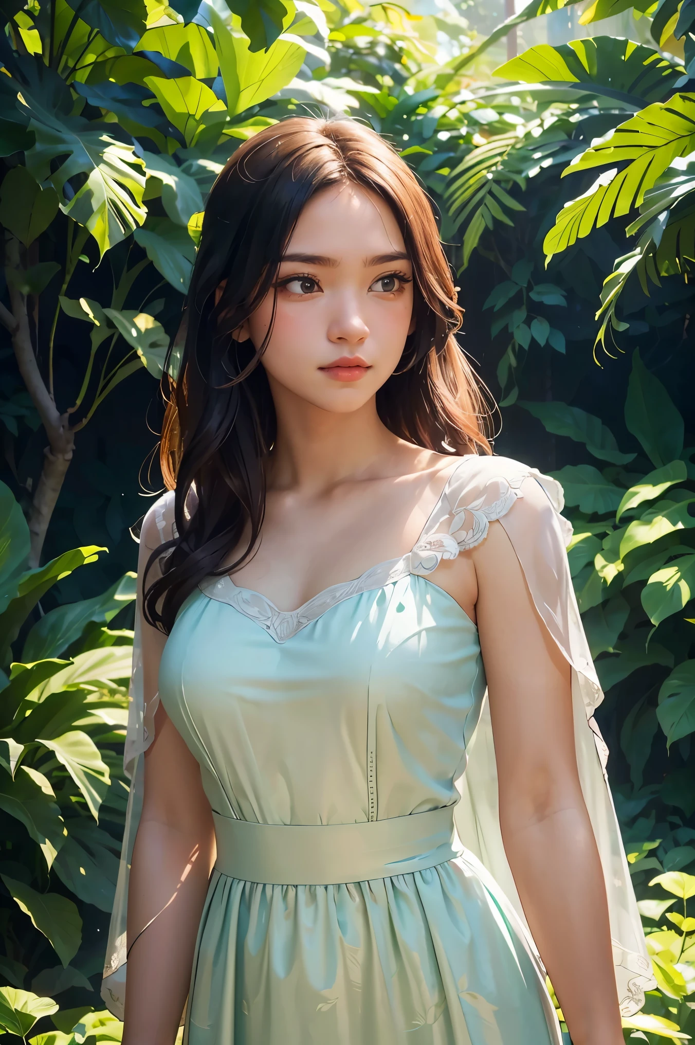 A beautiful young woman in a serene garden, surrounded by lush greenery and vibrant flowers, gazing thoughtfully into the distance. Detailed facial features, long eyelashes, full lips. Flowing dress, elegant pose. Soft, warm lighting. Photorealistic, highly detailed, 8k, masterpiece.