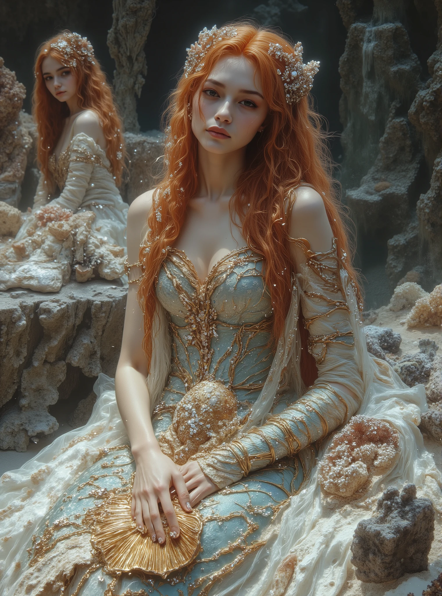 

---

"A mesmerizing underwater scene featuring a young mermaid queen seated gracefully in an enchanted oceanic setting. Her Red, wavy hair cascades down her shoulders in soft, flowing curls, capturing the faint shimmer of the underwater light. She wears an exquisite gown resembling mermaid scales, intricately designed in hues of aquamarine, gold, and soft teal, with pearls and shimmering accents that reflect the ocean’s glow. The bodice is adorned with clusters of pearls, adding to the regal and ethereal look, while the skirt features flowing, translucent fabric with delicate golden edges that mimic sea foam.

She holds a gleaming, golden seashell in her hand, its texture and shimmer emphasizing her connection to the sea. Around her, other mermaid attendants sit elegantly in the background, wearing soft pastel dresses with subtle pearl and sequin embellishments. Their hair is styled with delicate crowns or accessories, enhancing the harmonious royal atmosphere.

The backdrop is an underwater palace filled with coral formations, aged seashells, and marine motifs. The muted tones of the coral and sand create a natural contrast to the iridescent brilliance of the mermaid queen’s attire. The lighting is soft and diffused, with beams of sunlight filtering through the water, adding a dreamy, magical ambiance. Her expression is poised and slightly wistful, evoking a sense of quiet strength and deep connection to her mystical world.

The overall composition captures the elegance and mystery of an underwater kingdom, blending fantastical elements with refined details and a rich, aquatic color palette."