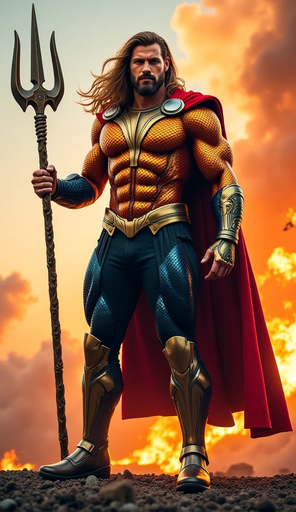 (8k, RAW photo, best quality, masterpiece: 1.2), ultra detailed, authorial art, photo-realistic: 1.37, upper body shot, ((original uniform: 1.2)), model, marvel aquaman, film grain, action pose, a perfect face, 40 years, intricate details, diffused light, by Marvel
