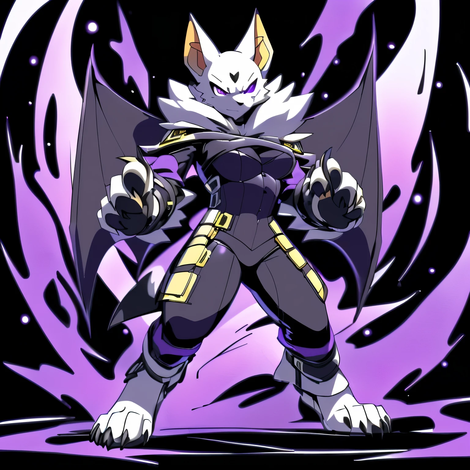 Anime, anime style, ((single person:2)), ((solo drawing:2)), ((solo:2)), ((three-quarter view)), ((Looking to the side)), ((sfw version)), ((female Anthro bat)), ((Tall figure)), ((buxom figure)), ((short white fur)), clawed hands, ((clawed paws)), ((Single Pair of Wings)), ((Huge Bat Wings)), ((Purple and black Bat Wings:1.3)), ((white bat ears)), ((wearing an intimidating outfit that is black and purple)), ((white face)), ((neutral expression)), vivid golden eyes, ((digitigrade legs)), ((digitigrade feet)), ((action pose)), ((solid black background)), highly detailed anime style, clean lines, white face, short white muzzle, white furry cheeks, white furry muzzle, ((white foot paws)), ((foot paws with four toes)), ((Claws on paws))
