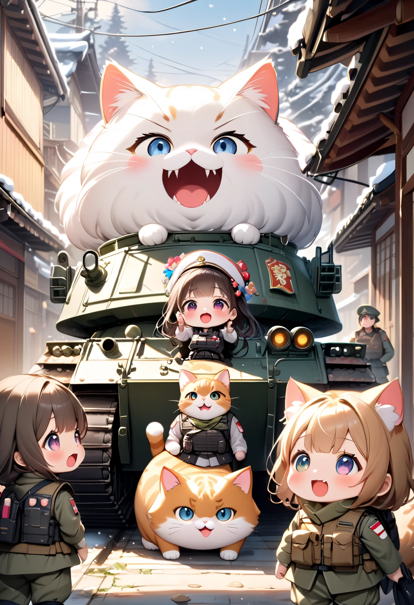 (masterpiece), (ultra-detailed:1.3), best quality, clear focus, dramatic scene, cinematic, shadow, (ultra-high resolution:1.3), (8k:1.3), perfect anatomy, perfect face, (detailed face), (detailed eye:1.2), (chibi:1.2), cute Japanese chibi girl, famous Japanese chibi idol, very beautiful and cute and cool face, (wearing a gorgeously decorated very cute military uniform with frills:1.2), (tactical vest with military harness:1.3), (large breasts), military boots, (She is driving a traditional Japanese decorated cute military armored double decker tank with a giant fat cat:1.3), snow-covered dirt road in the abandoned town, there are stores at the street are gorgeously decorated with new year holidays, (detailed very cute fluffy giant cat is extremely surprised and screaming:1.3), (many female soldiers line up in front of a tank with a cat on it:1.3)