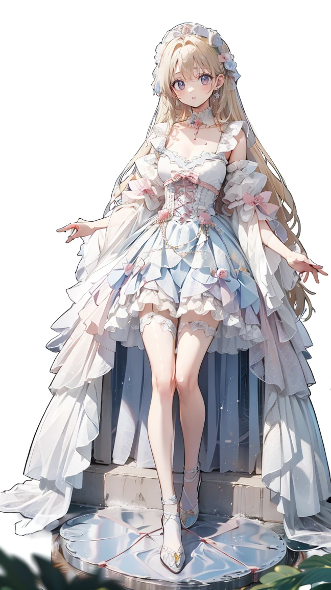 ((Best quality))),((Ultra-detailed)),((illustration)),((Disheveled hair)),((frilld)),(1 girl),(Solo), saratoga \(warship girls r\), 1girl, bangs, bare shoulders, blonde hair, blue butterfly, blue eyes, blue flower, blue rose, bow, breasts, bug, butterfly, butterfly hair ornament, butterfly on hand, dress, eyebrows visible through hair, fairy wings, flower, full body, gloves, gradient, hair between eyes, holding, holding flower, long hair, looking at viewer, medium breasts, pink rose, red flower, red rose, ribbon, rose, shoes, short dress, sleeveless, sleeveless dress, smile, solo, standing, strapless, strapless dress, tiara, veil, very long hair, wedding dress, white butterfly, white dress, white footwear, white gloves, wings, yellow butterfly,