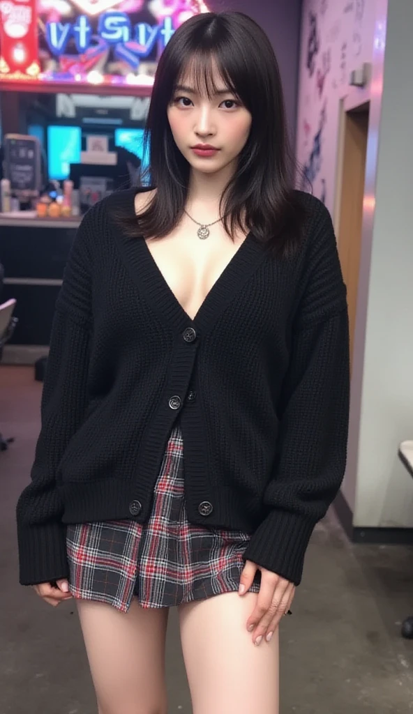   female 1 、whole body、  beautiful white skin 、(( I can see my  Cleevidge、 Cut out sweater  、 sleeveless sweater、red plaid miniskirt、 lean forward slightly for a  pose、Event Venues))、((whole body:2))、 gothic、  Earth System 、Extreme realism:1.21, (8k,  realistic , RAW photo, best quality :1.4),  high-resolution photo spirit :1.21,   High Quality Pictures  :1.21, High Realism :1.21, ( Hi-def face  ), ( best quality :1.37), 32k resolution,   High Dynamic Range  :1.5,   tall Highly detailed :1.5,   Hyperrealism:1.5,   huge file size   :1.5, (Masterpiece:1.21),  noise reduction:1.5,    realistic  :1.5,  RAW photo:1.5,   ultra detail 、 portrait 、hyper    realistic  :1.4、 sharp concentration:1.4、  Attention to Details,  Beautiful Japanese Woman ,  beautiful woman with sweat on her face、double eyelids ,The face is very   realistic 、   Shiny Skin、 Extremely    realistic   Skin 、Ultra high resolution, ((Cinema Lighting,Fisedelic , graffiti art )),((( Beautiful Legs:1.5、 、 Cleevidge)))、 gothic makeup 、