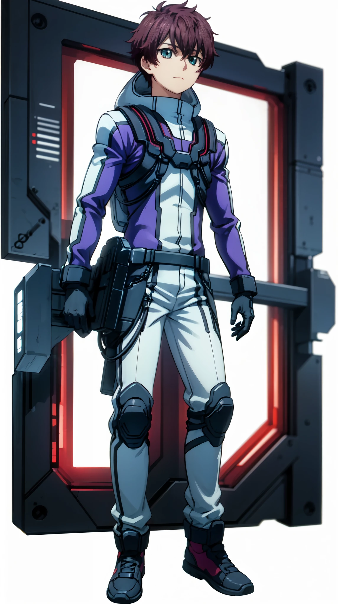 fromm vantarhei\(buddy complex\),1boy, solo,brown hair, green eyes,wears pilot suit,standing,white background,calm expression,full body shot,front_view