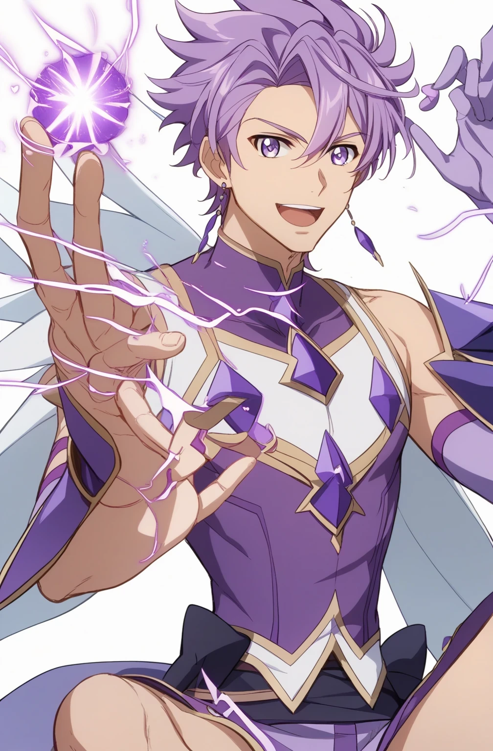 score 9 、score 8 up、score 7 up、source anime、masterpiece、 best quality 、 high resolution、1boy 、close-up of a boy cartoon character with purple hair、Alone、portrait of Magic Boy、 Boy in a White and Purple Dress 、Long Legged 、Heavenly Aura、Lightning Aura、 White and Purple Miniskirt 、purple waist bow、 Purple Arm Warmers 、purple detached sleeves、Bare legs、Bare thighs、 purple thigh-high boots 、 Symphogear Flavor 、 Boy with Short Light Purple Hair 、 Prince of Amethysts 、 Official Character Art 、style of Magic Boy、Magic Boy、 Anime Boy 、 Official Art、 high resolution、perfect costume、sparkling Magic Boy、(manly:1.5)、With Sparkling Purple Eyes 、perfect body、perfect hands、perfect arms、perfect legs、(male body:1.5)、beefcake style、