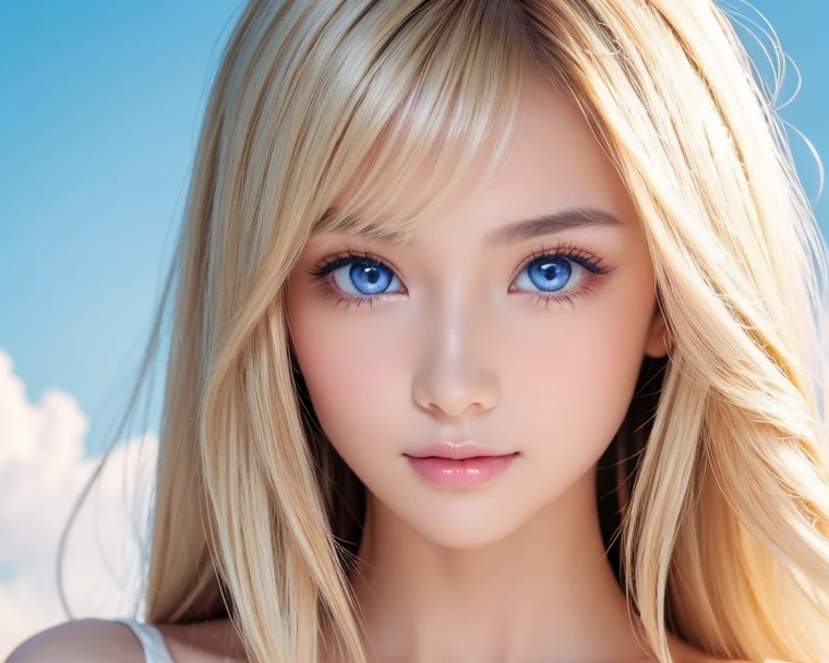 Perfect beautiful face、Beautiful cute girl 20 years old、Sexy and very beautiful cute face、Beautiful cute sexy sky blue eyes、Very super long beautiful shiny silky straight pearl blonde hair、Super long beautiful bangs、White skin、Glossy Skin、Gloss Face、Cheek gloss highlighter、Hair above the eyes、片Hair above the eyes、Hair between the eyes、Bangs on the face