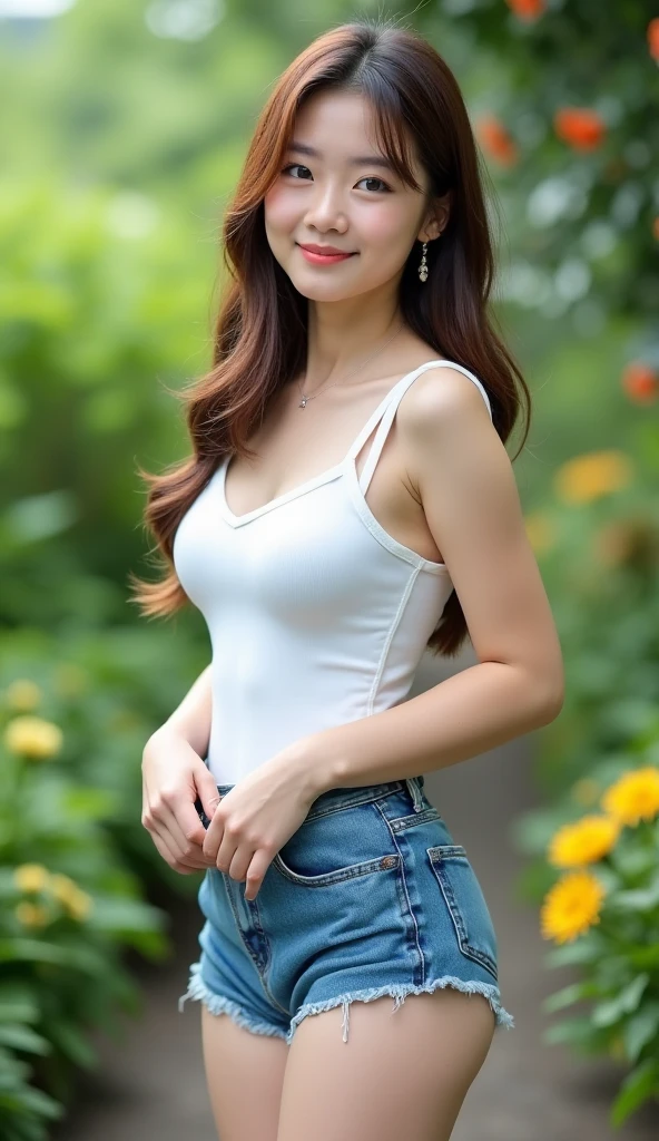 highest quality, 8k wallpaper, masterpiece, Photorealistic, Beauty 1 person, 28 years old, well-shaped breast bulge,, Cleavage, Plump thighs, Highly detailed face and skin texture, Super delicate eyes, Thick lips, ((Plain V-neck T-shirt)), (Shorts), Standing posture, Street Background, (Straight Hair)
