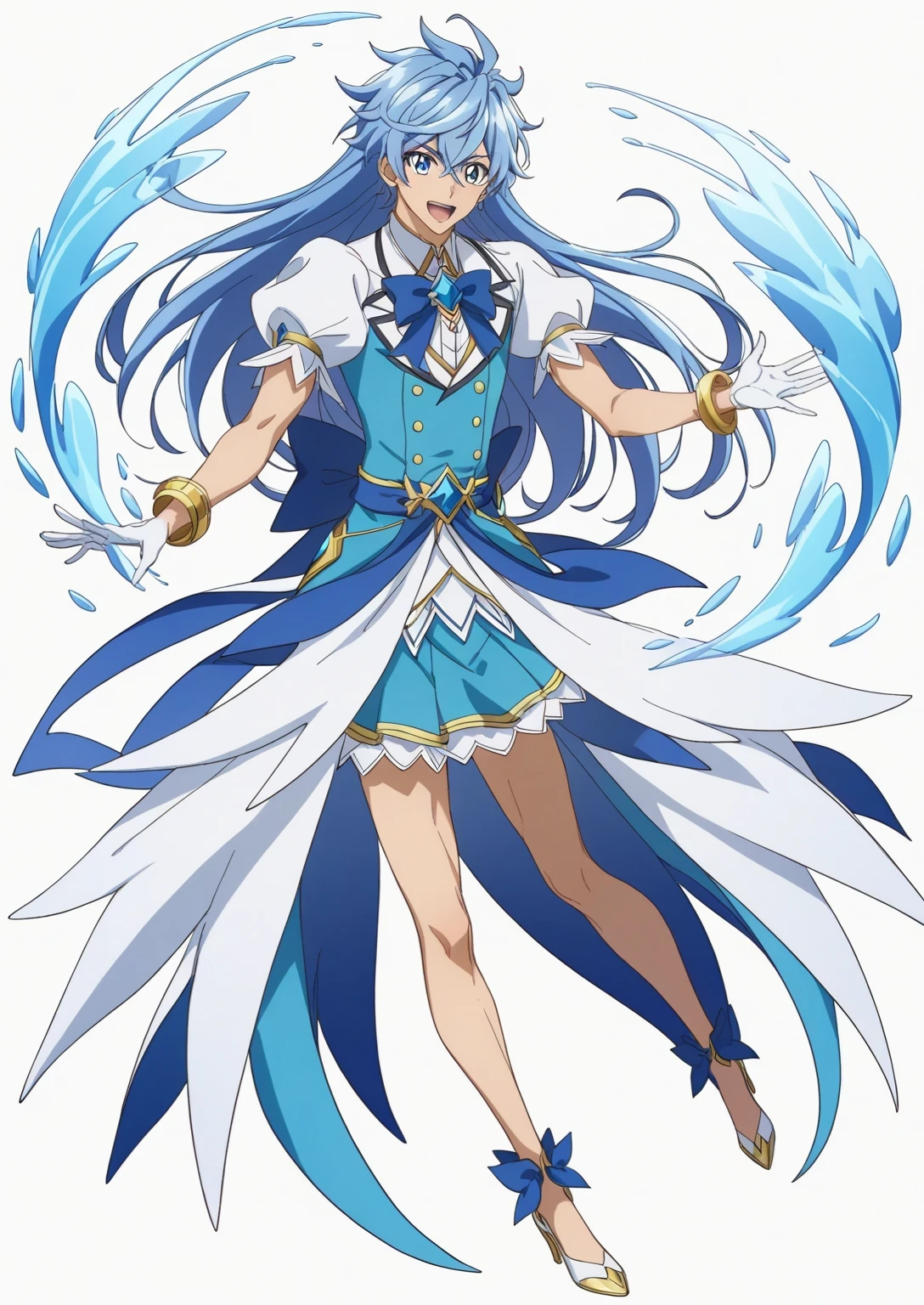 score 9 、score 8 up、score 7 up、source anime、masterpiece、 best quality 、 high resolution、1boy 、Close up of a blue-haired boy cartoon character、Alone、portrait of Magic Boy、 Boy in a White and Blue Dress 、Long Legged 、Heavenly Aura、Ice Aura、White and blue mini skirt、blue waist bow、white puffy sleeves、white gloves、yellow bracelet 、Bare legs、Bare thighs、 white high heels 、 Symphogear Flavor 、 Long Dark Blue Haired Boy 、 Prince of Sapphire 、 Official Character Art 、style of Magic Boy、Magic Boy、 Anime Boy 、 Official Art、 high resolution、perfect costume、sparkling Magic Boy、(manly:1.5)、 With Shining Blue Eyes 、perfect body、perfect hands、perfect arms、perfect legs、(male body:1.5)、beefcake style、