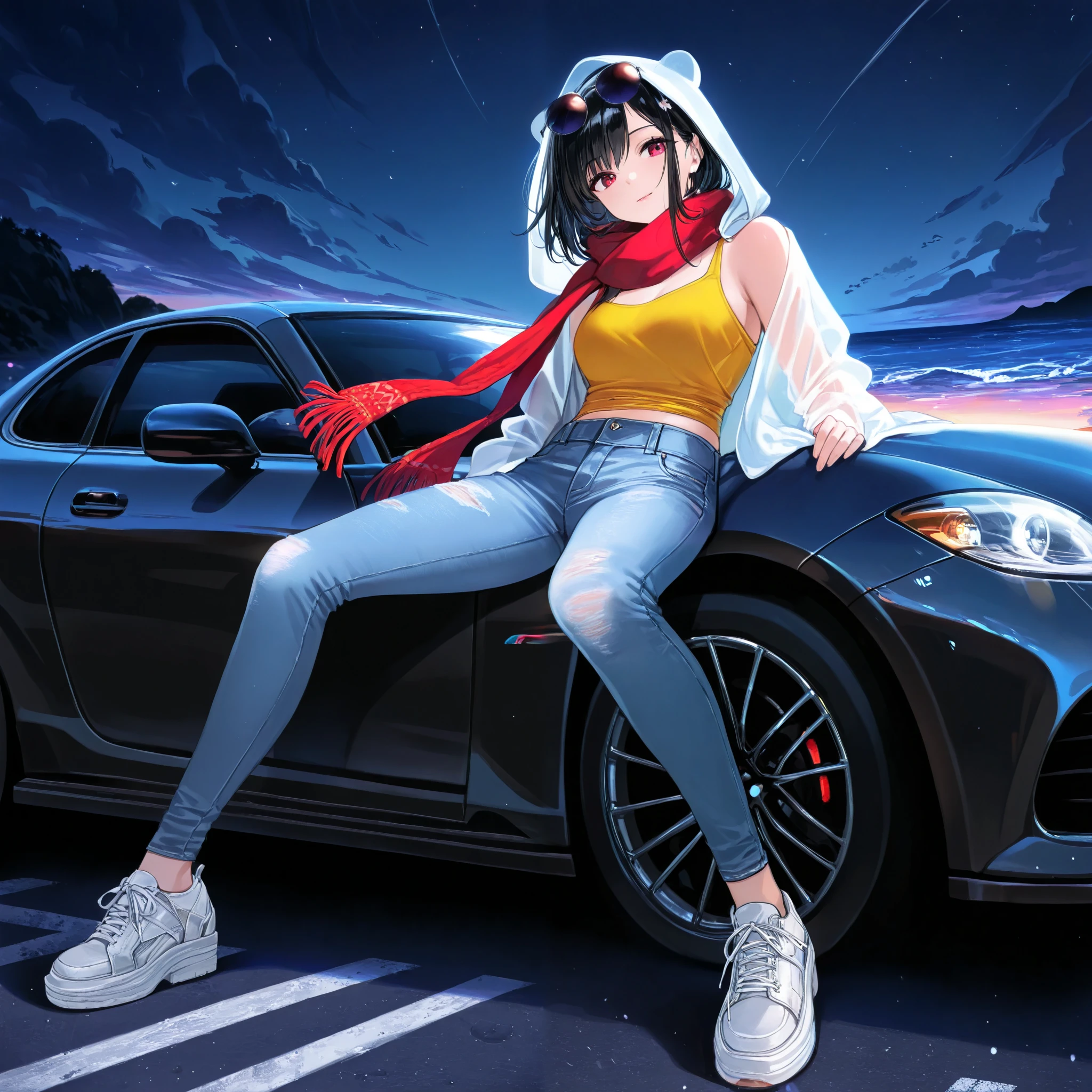 Dynamic shot. Masterpiece. Detail. Low angle from the side. A woman with long black hair sits on the front hood of a dark blue 80s car. She wears round sunglasses on her head, a yellow tank top under a see-through shirt, distressed white jeans, and deck shoes. She has a red scarf around her neck. She is holding one of her legs. Night, sea breeze, colorful music playing from the car.