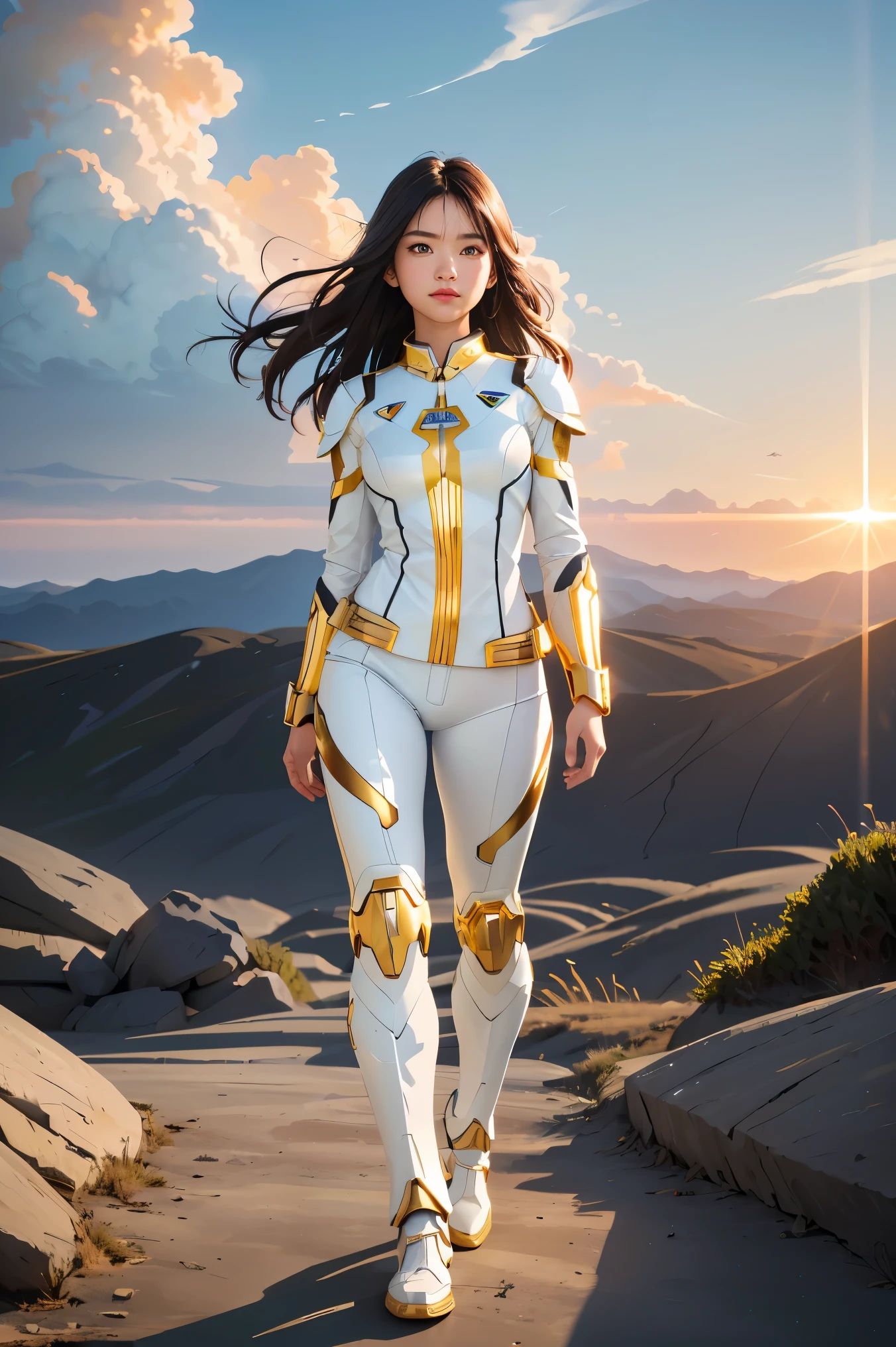 ((masterpiece, best quality, extremely detailed), volumetric lighting, ambient occlusion, colorful, glowing),
1girl, solo, young girl, (dark hair), long hair, halo, aura, sacred, goddess, cleric suit, (white outfit with gold detailst:1.3), armor,
outdoors, sunset, sky, clouds, space, (fantasy theme:1.2),ม 1girl, full body, Illustration, cinematic light, high resolution, best quality, ultra-detailed, masterpiece, power suit, powerranger, suit, spd,