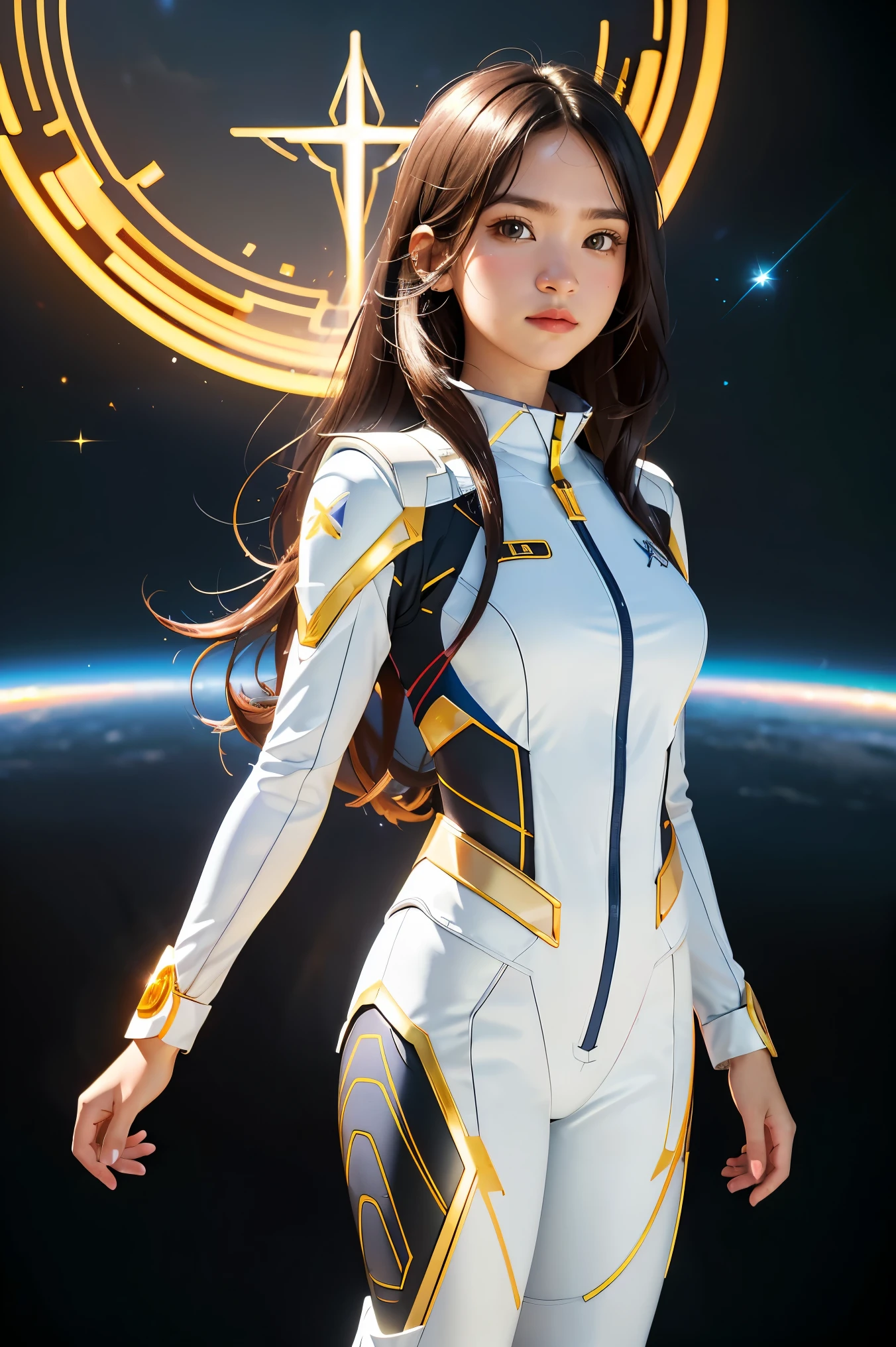 (Obra maestra, La mejor calidad:1.3),1 mujer joven astronauta de pie en traje espacial blanco futurista, base de lanzamiento espacial, bodysuit ajustado al cuerpo, estilo cyberpunk