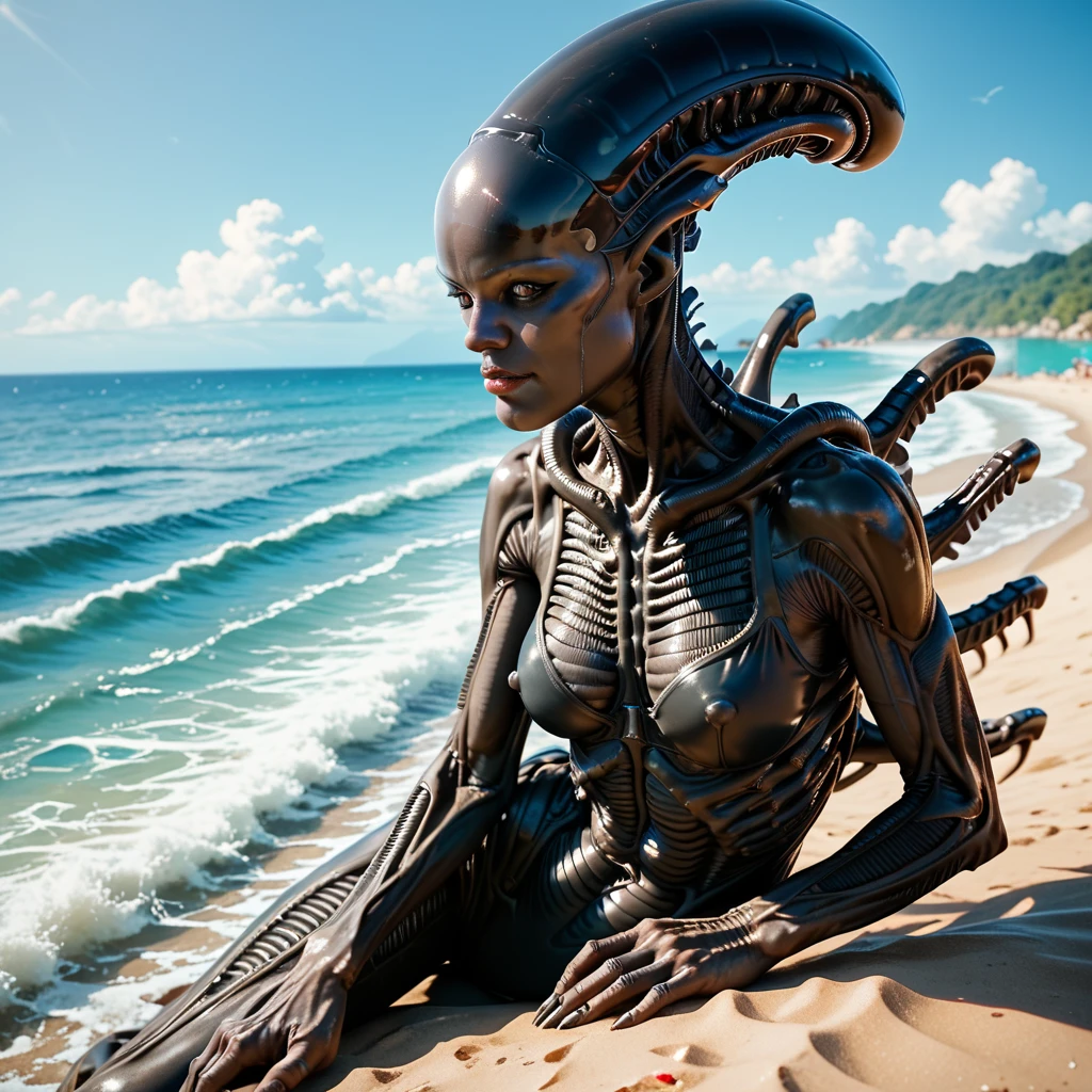 beautiful alien women, on alien beach, realistic hd