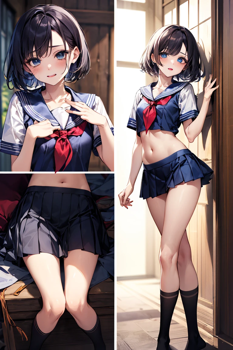 ((masterpiece,best quality)), highres, extremely detailed 8K wallpaper, depth_of_field, best shadow, (Colorful),(Delicate eyes and face), nice hand, Perfect hands, volumatic light, Ray tracing, BREAK
(1girl in), mogami \(kancolle\), black hair, short hair, black eyes / green eyes, swept bangs, small breasts, slender, skinny, open mouth, smile, blush, BREAK,
(wear white short length school uniform top:1.3), (sailor collar:1.5), (red tie:1.3), (Parted clothes at the top and bottom:1.2), (short sleeves:1.1), (white string panty:1.3), (bare navel), (under boob), (black lace stockings:1.2), High heels, BREAK,
Cowboy Shots, Looking at Viewer, stomach focus, bedroom, Ultra detailed backgrounds,