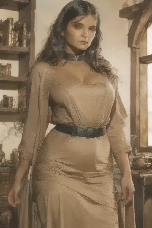 ((((Masterpiece, hiquality, absurdress), 1 woman, (( black  hair)), ((The eyes are green)), Wavy Hair, hairlong, big breastes, a perfect face, sports body, Detailed eyes and face, Bright make-up, red linden potato burlap, burlap fabric, burlap sackcloth, Sandals,  full body