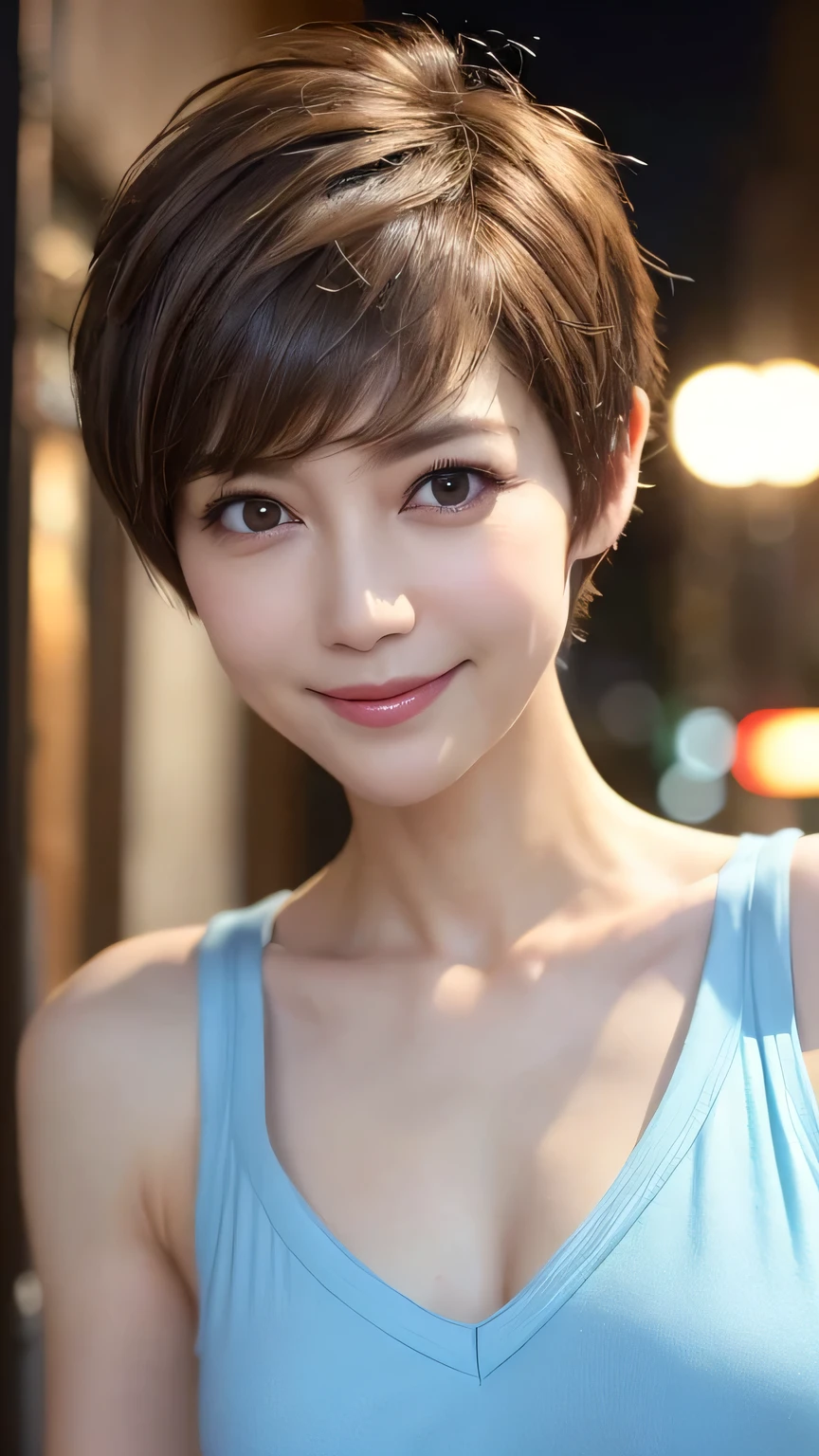 tall Highly detailed , Masterpiece , best quality , (( photorealistic:1.4)), (( perfect slender body :1.4))、Super skinny 40 year old Japanese woman , detailed face , A beautiful eye in every detail 、((Gal Makeup)) 、(( small cleavage)), ( slim, Tight Beautiful Body :1.3)、((Light brown hair 、 pixie cut 、Cecil Cut、 asymmetry、Messy Hair、 super short hair :1.4)), graceful and sophisticated 、goddess、(( to Head ))、((Light blue tank top、))、(( dark office street street in the middle of the night))、(( stare at the camera、 fresh smile))、(( Professional Cool Lighting ))、 、