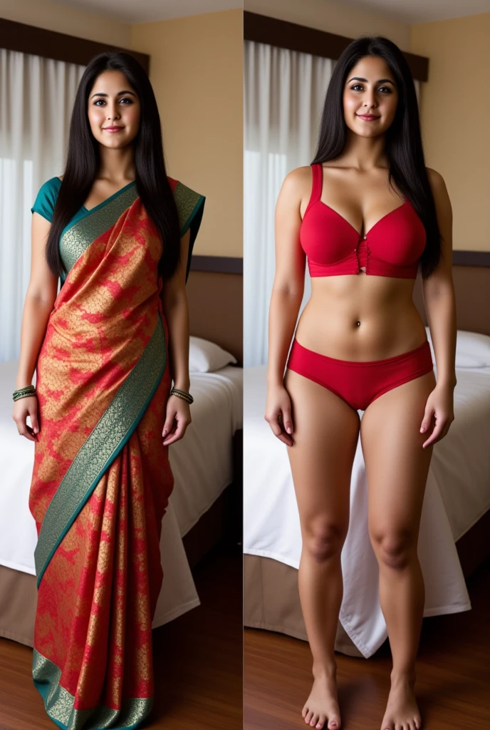 indian woman wearing a red wedding saree in her bedroom,((no nudity)), 8k uhd, digital SLR camera, soft light, high quality, film grain,high detail,UHD, masterpiece, accurate, anatomically correct, super detail, high quality, 16k, highres, award winning, ((full body shot)), back view, looking at camera