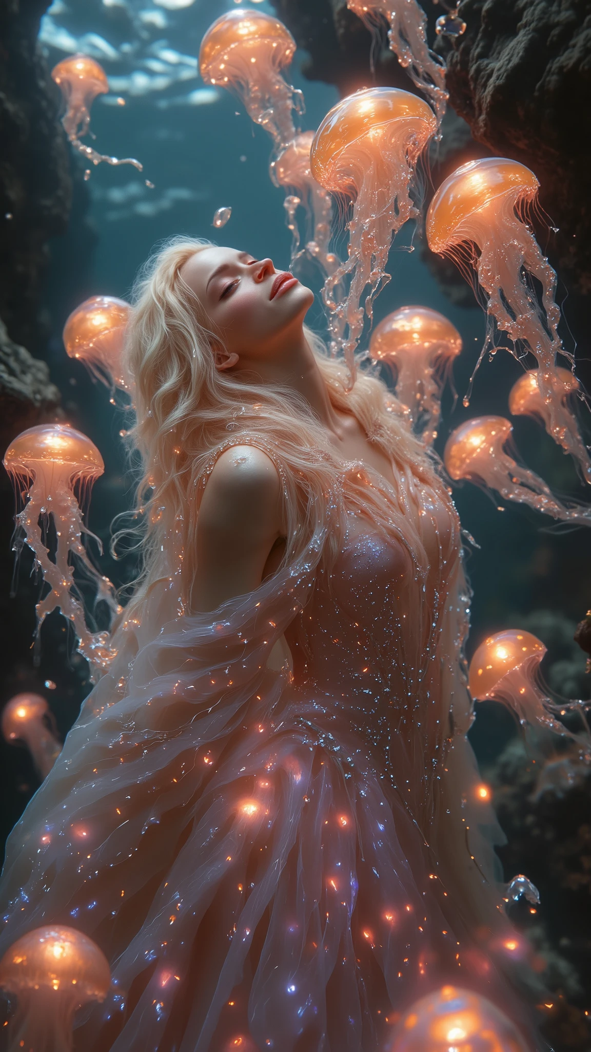   

"A stunning underwater fantasy scene featuring a mermaid surrounded by glowing orange jellyfish, floating gracefully in an otherworldly ocean environment. The mermaid has long, flowing, wavy platinum blonde hair, cascading elegantly around her shoulders, softly illuminated by the ethereal glow of the jellyfish. Her skin appears luminous and smooth, subtly reflecting the underwater light. She wears a sparkling, form-fitting pink gown resembling mermaid scales, intricately designed with shimmering crystals and iridescent details. The gown features a sheer, flowing fabric that trails behind her like ocean currents, enhancing the sense of movement and grace.  

Her pose is poised and serene, with her head tilted back slightly, eyes closed, and lips gently parted, conveying a sense of peace and harmony with her surroundings. The glowing jellyfish, with their semi-transparent bodies and long, delicate tentacles, surround her, filling the scene with vibrant orange and warm pink bioluminescent hues. Their soft light reflects on her gown, hair, and the surrounding water, adding a magical and enchanting glow to the scene.  

The background is a deep, rich blue-green ocean with hints of coral structures and marine life faintly visible in the distance. Tiny particles of light and bubbles float upward, creating a sense of depth and realism. The lighting is dreamlike, with soft beams filtering through the water, casting gentle highlights on the mermaid and illuminating the jellyfish. The overall atmosphere is mystical and serene, blending the majesty of marine life with the enchanting allure of a mythical mermaid."