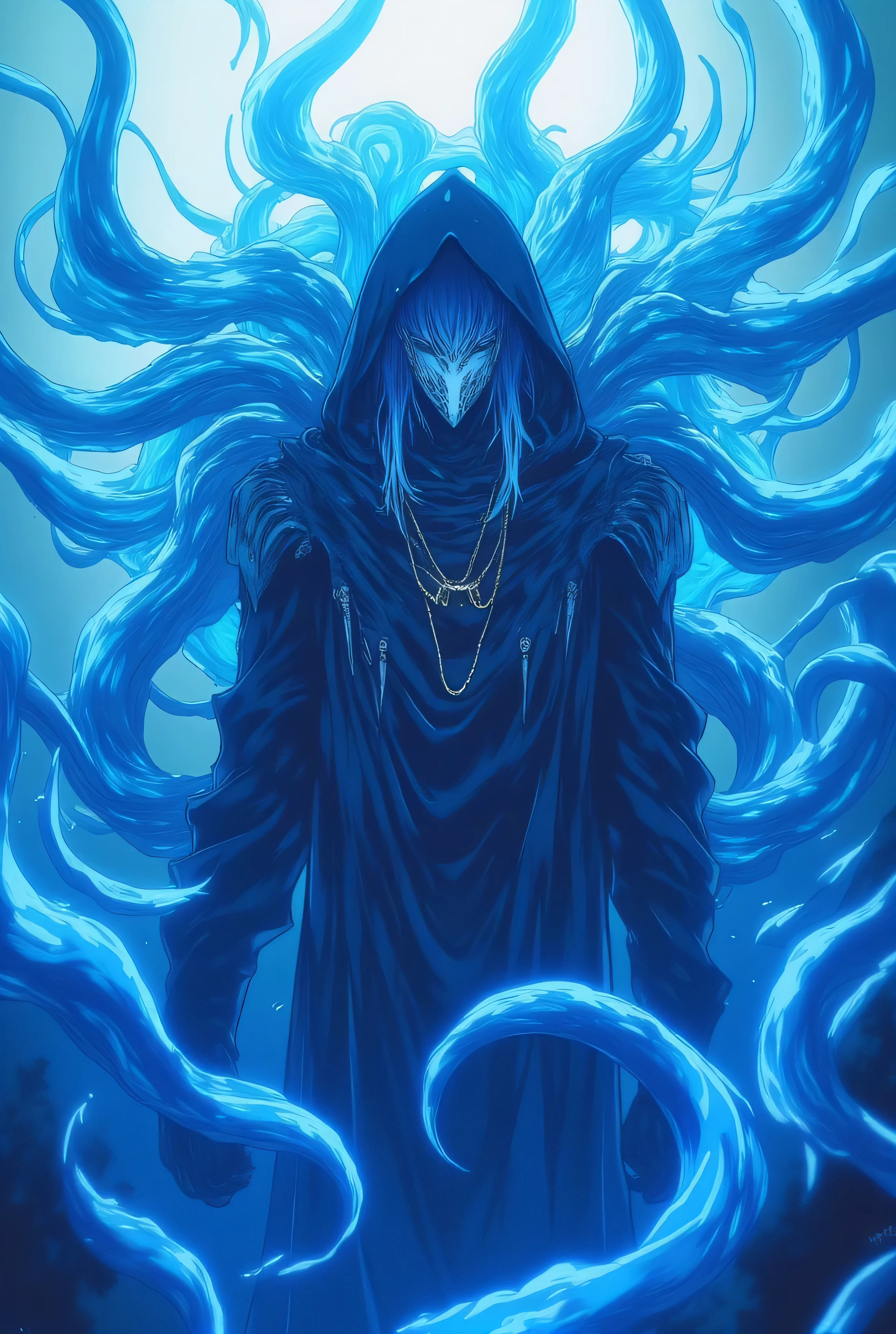 jelly-like character, slime, slime, humanoid slime, fantasy, tentacles instead of arms and legs, humanoid, transparent blue slime without a bright glow inside the body, tentacles instead of hair, white mask, hood on the head, slimy tentacles on the back, slime weapons, writhing slimy armor, close-up, front view, epic pose, anime style, no suction cups, tall character, human body shape