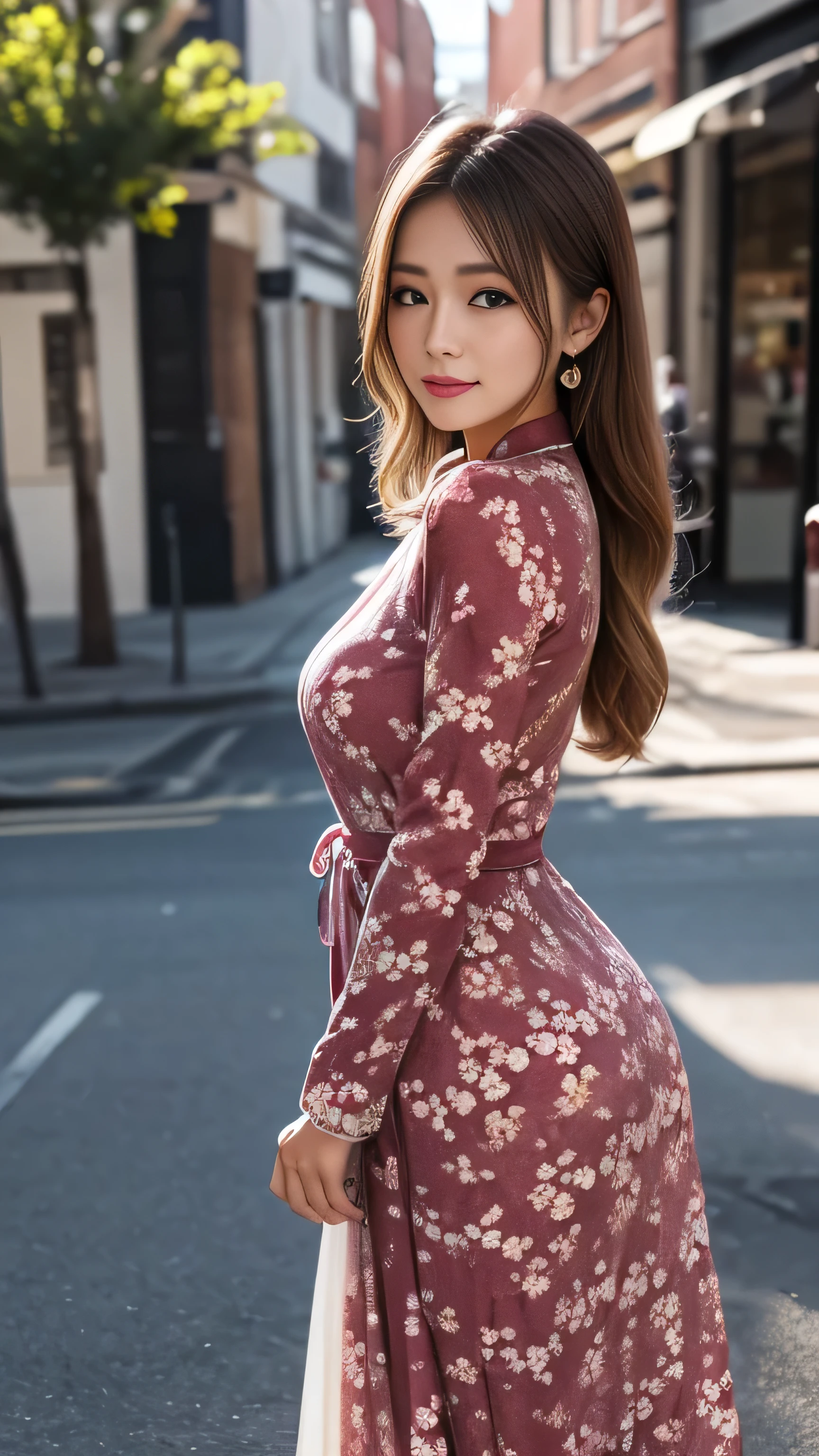 master piece, best quality, ultra detailed, super high res, 16k, (photo realistic:1.4), RAW photos, detailed and beautiful face, (high resolution detail of human skin texture),
((((wide shot:1.5)))), soft light, 1 Japanese Girl, solo, cute, (seductive smile:0.5), ((arms behind body:1.2)), (lens flare:1.2),
BREAK,
(in the noon), (clear sky), (street in downtown),
BREAK,
((dress girlish a-line long dress:1.2)), ((dress long sleeve dress:1.2)), ((dress chic and light color small floral pattern off burgundy dress:1.3)), (high heels),
BREAK,
heavy makeup