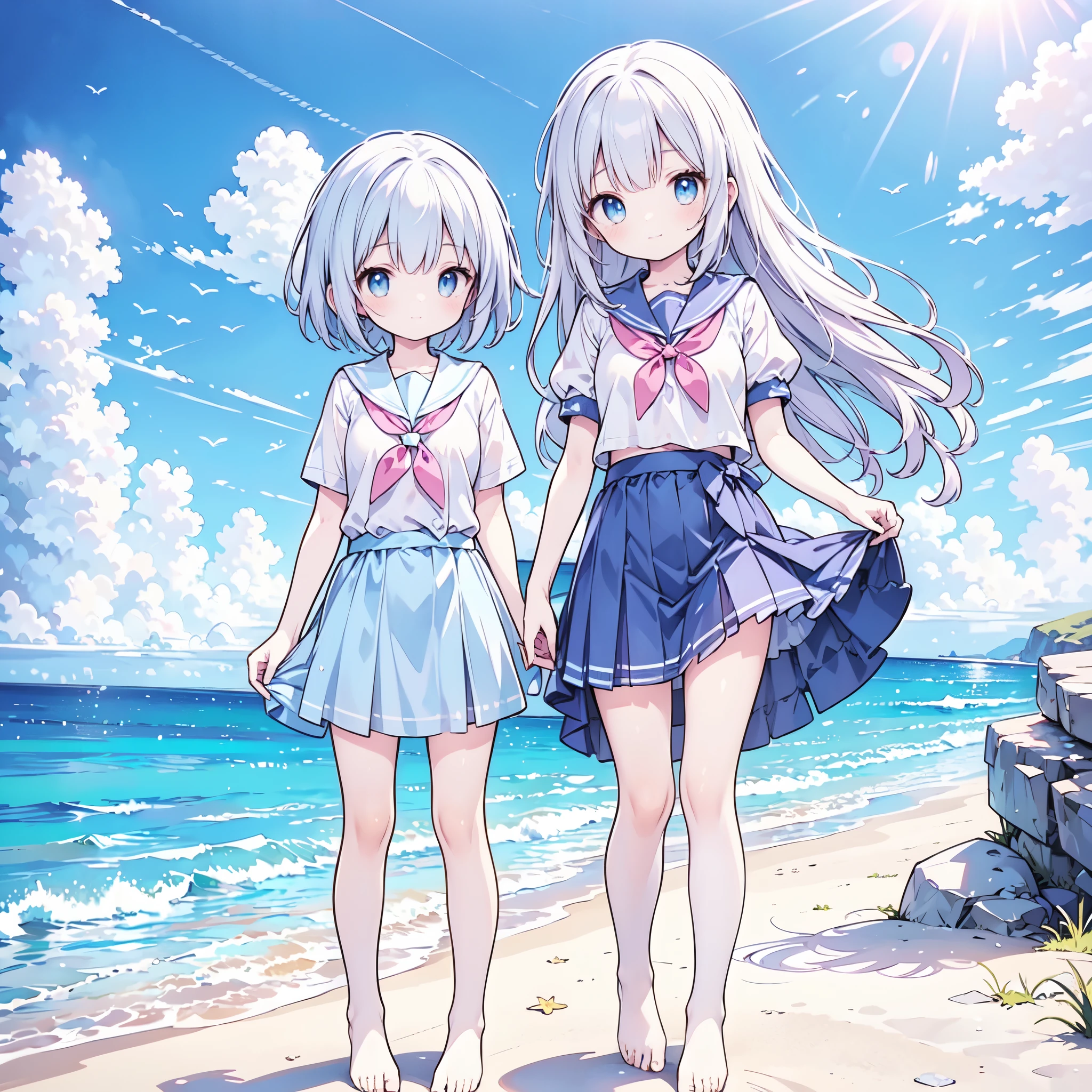 ((( more details, highly detailed CG, masterpiece, High Quality , 4K, high resolution, sharp concentration, Take a commemorative photo on a sandy beach with the calm and beautiful sea in the background, anime style illustration near the sparkling ocean ))),(Alone:2), cute, Smiling Brightly , light blue eyes,(A girl is standing on the beach:1.4), navy blue sailor suit,(Short sleeve:2),( dark blue skirts ),( slightly bulging breasts:1.2), Clear Skin, Fluttering Skirt , barefoot,((long hair)),Neat hair,Gentle Breeze, White Clouds ,blue sky, watching viewers, is shy, dynamic ,