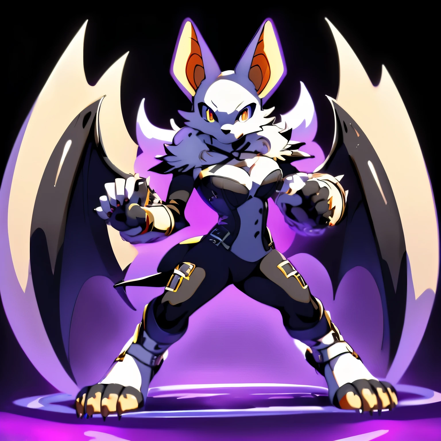 Anime, anime style, ((single person:2)), ((solo drawing:2)), ((solo:2)), ((three-quarter view)), ((Looking to the side)), ((sfw version)), ((female Anthro bat)), ((Tall figure)), ((buxom figure)), ((short white fur)), clawed hands, ((clawed paws)), ((Single Pair of Wings)), ((Huge Bat Wings)), ((Purple and black Bat Wings:1.3)), ((white bat ears)), ((wearing an intimidating outfit that is black and purple)), ((white face)), ((neutral expression)), vivid golden eyes, ((digitigrade legs)), ((digitigrade feet)), ((fighting pose)), ((solid black background)), highly detailed anime style, clean lines, white face, short white muzzle, white furry cheeks, white furry muzzle, ((white foot paws)), ((foot paws with four toes)), ((Claws on paws))