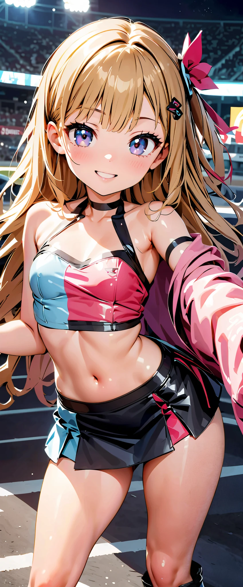 anime girl,short mini red jumpsuit, unzip to belly, headphones,DJ turntable set,club lighting,stage,confetti,dancing,smiling,putting records on turntable,(best quality:1.2),(ultra-detailed:1.2),(realistic:1.37),HDR,vivid colors,portraits,shorts,headphone girl,energetic pose,colorful lights,stage set,confetti raining,joyful expression,playing vinyl records,turntable setup,anime style, atmosphere,techno music,electronic dance music,festival vibes,hip hop beats,festival outfit,energetic dance moves,expressive eyes,long braided hairstyle with vibrant blonde color, brown eyes, elaborate makeup neon lights,beaming smile,positive vibes,high-energy performance,stylized backgrounds,colorful visuals,excitement in the air, back turned