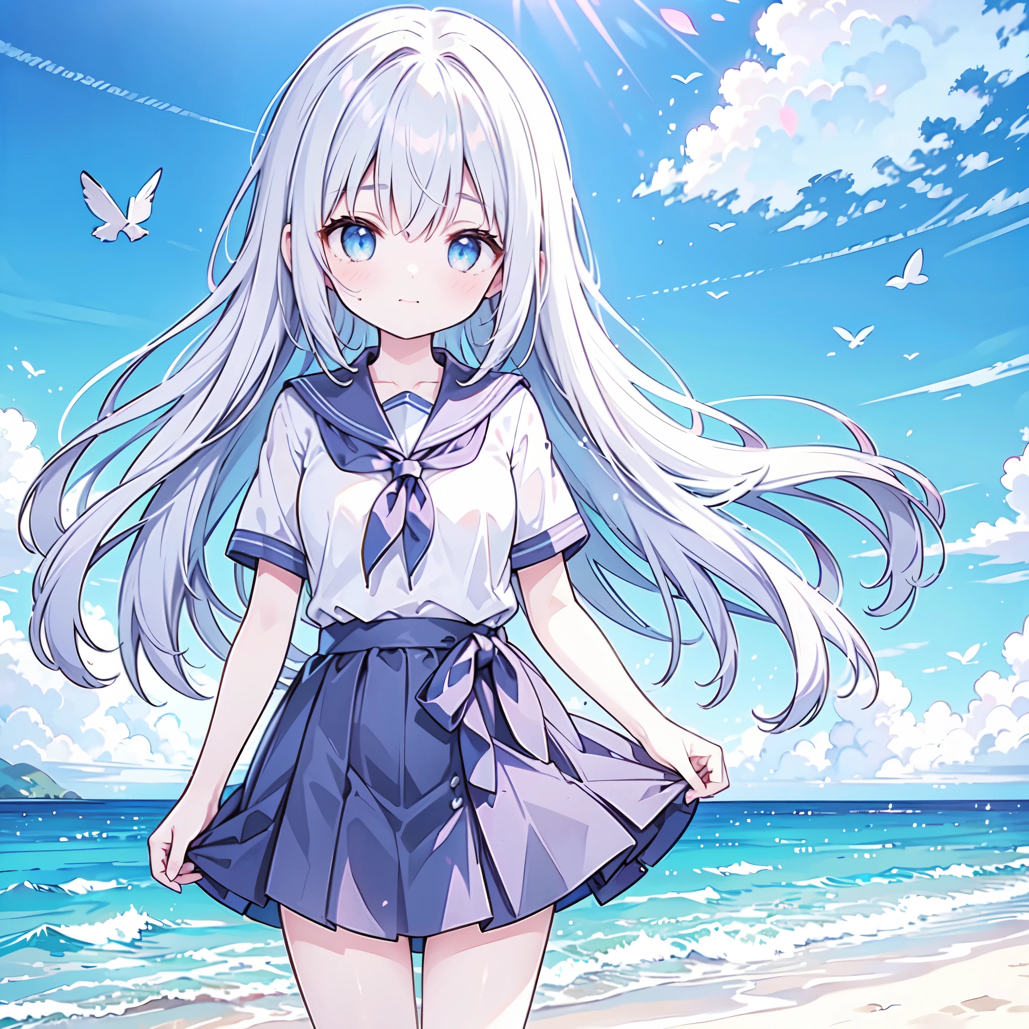 ((( more details, highly detailed CG, masterpiece, High Quality , 4K, high resolution, sharp concentration, Take a commemorative photo on a sandy beach with the calm and beautiful sea in the background, anime style illustration near the sparkling ocean ))),(Alone:2), cute, Smiling Brightly , light blue eyes,(A girl is standing on the beach:1.4), navy blue sailor suit,(Short sleeve:2),( dark blue skirts ),( slightly bulging breasts:1.2), Clear Skin, Fluttering Skirt , barefoot,((long hair)),Neat hair,Gentle Breeze, White Clouds ,blue sky, watching viewers, is shy, dynamic ,