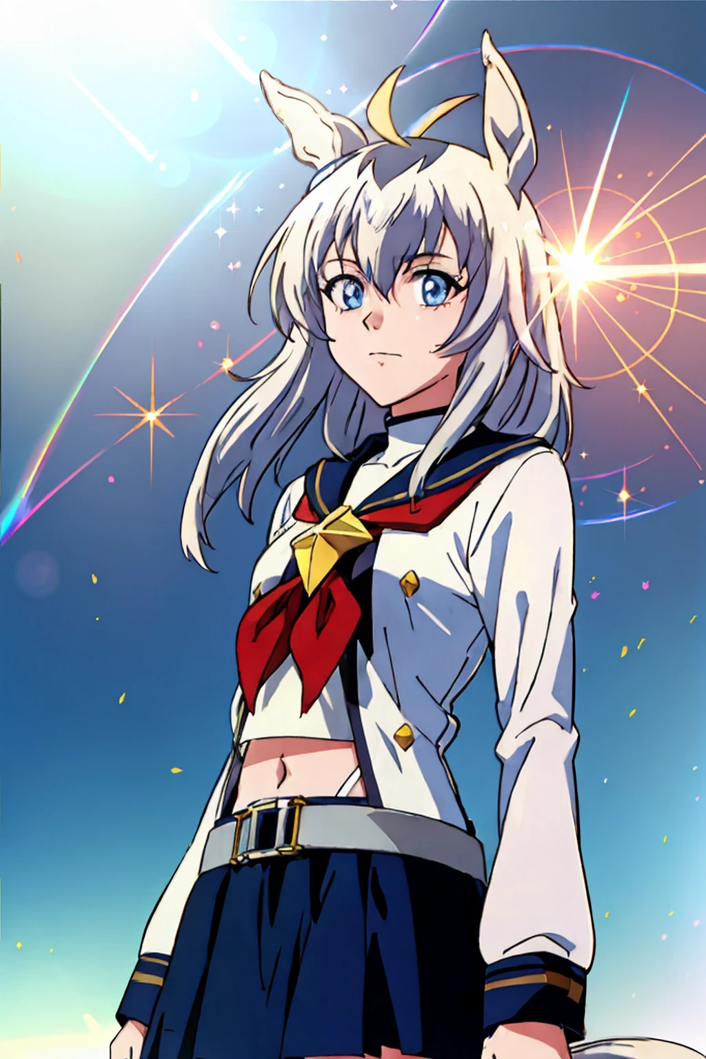 (masterpiece,highest quality,Super detailed,8k,High resolution,an extremely delicate and beautiful,Official Art,Perfect Anatomy:1.5),((1990s \(style\),90s Anime,90s Anime style,retro artstyle,Cel-shaded anime,anime screencap,anime coloring:1.25)),(1boy :1.5), (yuuki nobuteru:1.7), (scale to fit the dimensions:1.2), (( \( Uma Musume\):1.52)), blue skirt, Long Sleeve, belt, pleated skirt, black pantyhose, red neckerchief, midriff, belly button, white shirt, jacket, blue sailor collar ,
(Shining Eyes),blends well with the eye,blends well with the eye,Eye focus,(Carefully crafted brilliance, Lens flare:1.7),(Expressions of joy:1.51),Octane Rendering,Rainbow Paint Drops,Woman made of paint,Full Paint,(Movie Background),Splat,splash,Dark and blurry background,close,(Best writing, Very delicate and beautiful),Beautiful sparkle in every detail,(Soft Light:1.2),(soft money tone lighting),W腕 and Soft Lighting,dramatic light,((Cinematic Light)),Ambient Occlusion,Zhou Xianguang,Intense,powerful,Absolutely eye-catching splashes of color,((caustic)),ray tracing reflection,The light shines,morning,