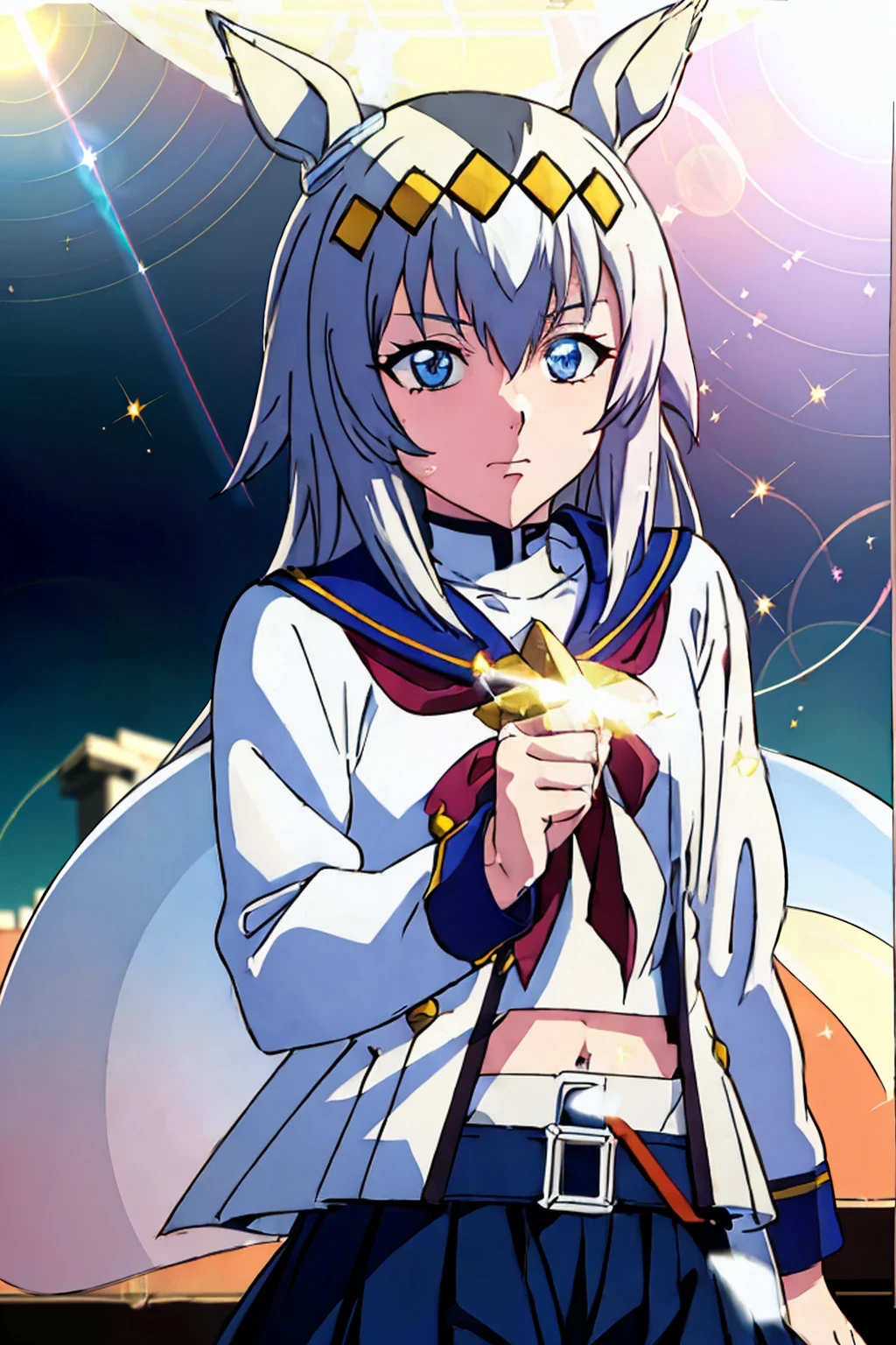 (masterpiece,highest quality,Super detailed,8k,High resolution,an extremely delicate and beautiful,Official Art,Perfect Anatomy:1.5),((1990s \(style\),90s Anime,90s Anime style,retro artstyle,Cel-shaded anime,anime screencap,anime coloring:1.25)),(1boy :1.5), (yuuki nobuteru:1.7), (scale to fit the dimensions:1.2),  (( \( Uma Musume\):1.52)), blue skirt, Long Sleeve, belt, pleated skirt, black pantyhose, red neckerchief, midriff, belly button, white shirt, jacket, blue sailor collar ,
(Shining Eyes),blends well with the eye,blends well with the eye,Eye focus,(Carefully crafted brilliance, Lens flare:1.7),(Expressions of joy:1.51),Octane Rendering,Rainbow Paint Drops,Woman made of paint,Full Paint,(Movie Background),Splat,splash,Dark and blurry background,close,(Best writing, Very delicate and beautiful),Beautiful sparkle in every detail,(Soft Light:1.2),(soft money tone lighting),W腕 and Soft Lighting,dramatic light,((Cinematic Light)),Ambient Occlusion,Zhou Xianguang,Intense,powerful,Absolutely eye-catching splashes of color,((caustic)),ray tracing reflection,The light shines,morning,