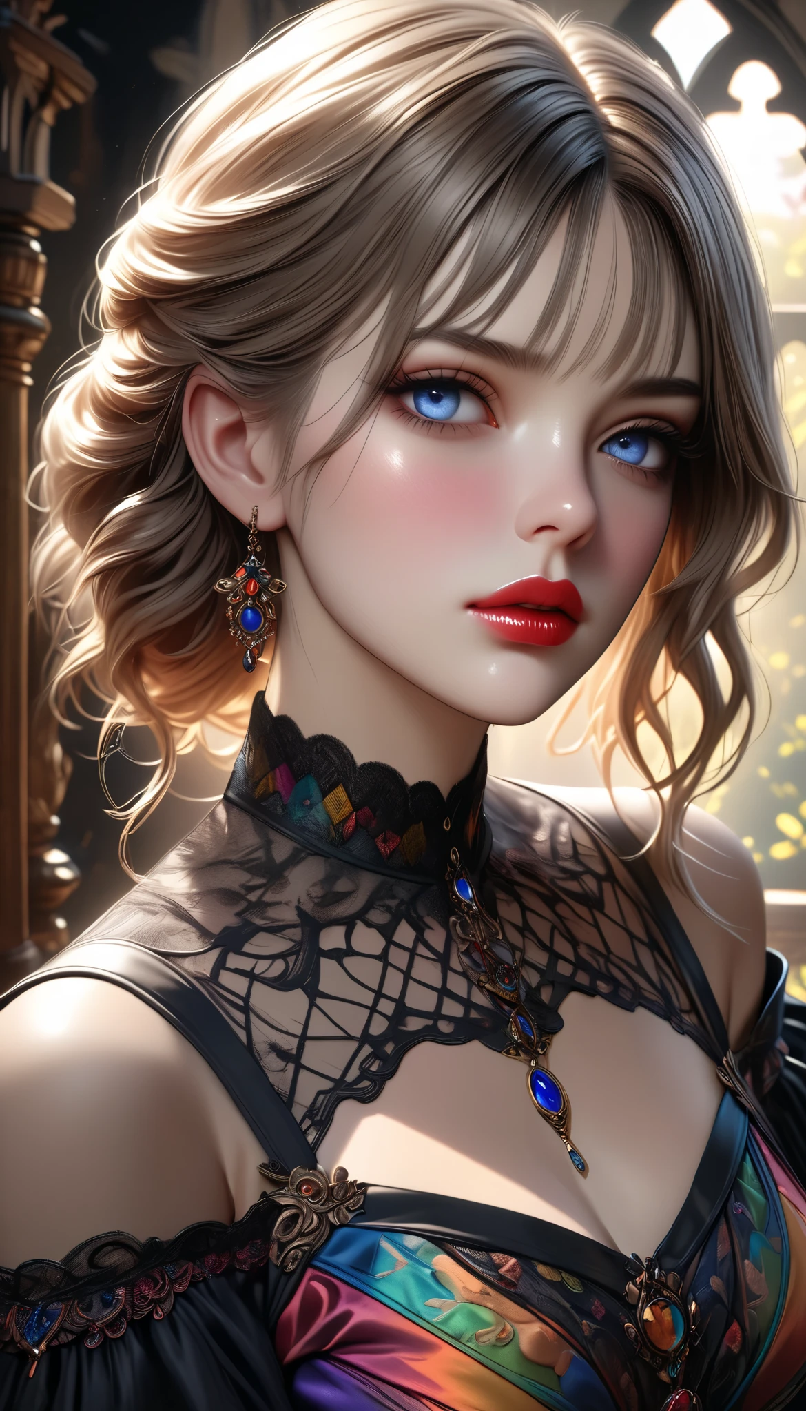 a beautiful adult woman, gothic detailed, colorful antique, (best quality,4k,8k,highres,masterpiece:1.2),ultra-detailed,(realistic,photorealistic,photo-realistic:1.37),detailed face,beautiful detailed eyes,beautiful detailed lips,extremely detailed eyes and face,longeyelashes,elegant body,ornate dress,dramatic pose,moody lighting,warm color palette,intricate background details,fantasy elements,mystical atmosphere
