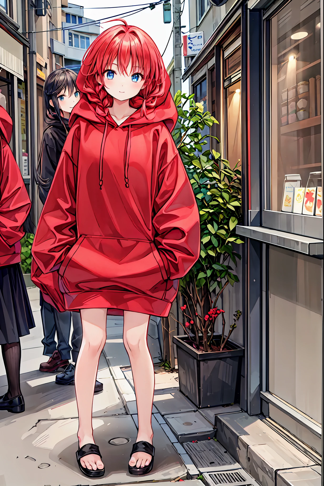 4 Kanata,Wear a red hoodie 。nice,Beautiful night view background,Stand on tiptoes, bend your knees,Point your knees outwards,Rear View, tea hair, shortcuts, unkempt hair,Short braided hair,Neat, slender beautiful woman,Correct posture,Small chest, Beautiful Legs, has enchanting gray-blue eyes shining like stars,Droopy eyes, bright color, beautiful eyes,A delicate smile,Textured Skin, Best Quality at its Best , gentle and beautiful woman , anime style、