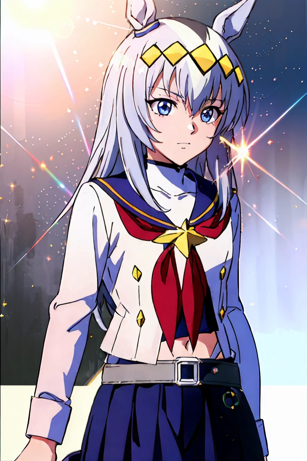 (masterpiece,highest quality,Super detailed,8k,High resolution,an extremely delicate and beautiful,Official Art,Perfect Anatomy:1.5),((1990s \(style\),90s Anime,90s Anime style,retro artstyle,Cel-shaded anime,anime screencap,anime coloring:1.25)),(1boy :1.5), (yuuki nobuteru:1.7), (scale to fit the dimensions:1.2), (( \( Uma Musume\):1.52)), blue skirt, Long Sleeve, belt, pleated skirt, black pantyhose, red neckerchief, midriff, belly button, white shirt, jacket, blue sailor collar ,
(Shining Eyes),blends well with the eye,blends well with the eye,Eye focus,(Carefully crafted brilliance, Lens flare:1.7),(Expressions of joy:1.51),Octane Rendering,Rainbow Paint Drops,Woman made of paint,Full Paint,(Movie Background),Splat,splash,Dark and blurry background,close,(Best writing, Very delicate and beautiful),Beautiful sparkle in every detail,(Soft Light:1.2),(soft money tone lighting),W腕 and Soft Lighting,dramatic light,((Cinematic Light)),Ambient Occlusion,Zhou Xianguang,Intense,powerful,Absolutely eye-catching splashes of color,((caustic)),ray tracing reflection,The light shines,morning,