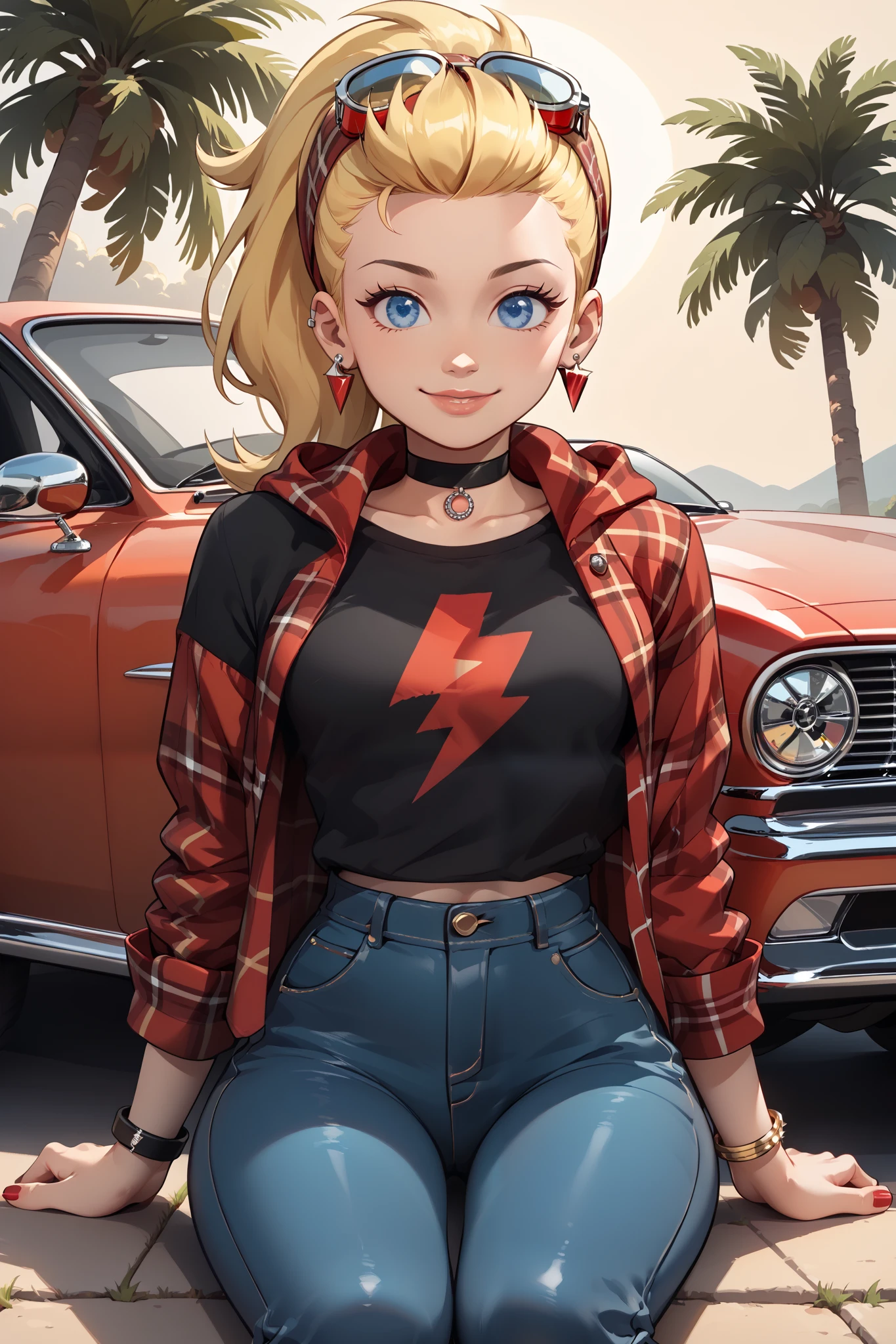 High Resolution, Masterpiece, Best Quality, Super Detailed
Beautiful portrait of Sissy Blakely from Johnny Test, 1 girl, gorgous, cute, full body, close up, big blue eyes, punk blonde hair in a ponytail, red lightning bolt in her hair, earrings, black top, black choker, red plaid handkerchief covering head, ripped baggy jeans, red plaid skirt over her jeans, breasts, black and white checkerboard converse sneakers, bracelets, sitting on the hood of a Chevy Camaro car, smile, arms at sides, outdoors, playful, Foreshortening, Backlighting, Drop Shadow, perfect composition score_9 score_8 score_7, interesting motifs, professional