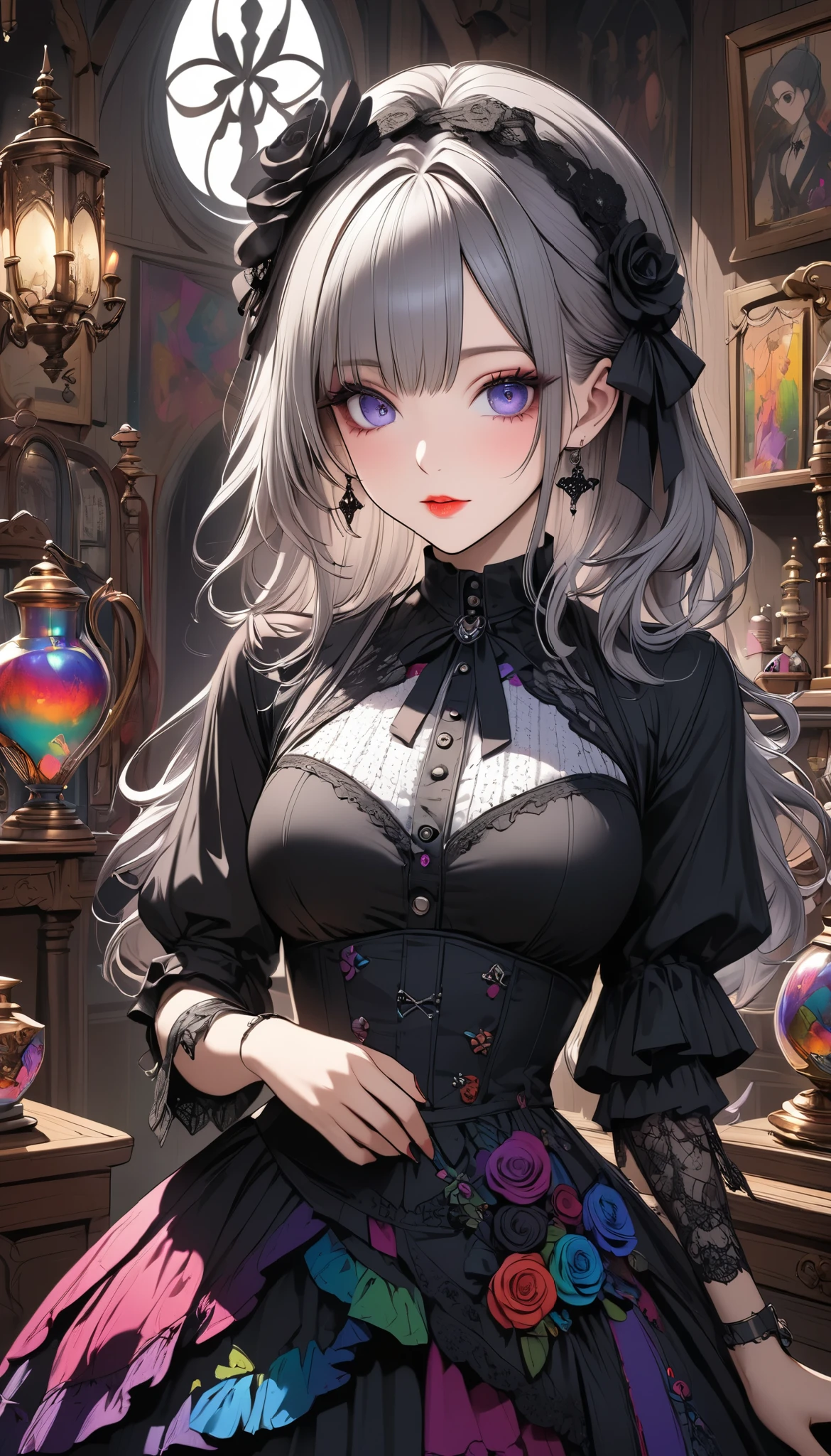 beautiful, Adult female, Gothic Details , Colourful Antiques, Detailed and engaging illustrations