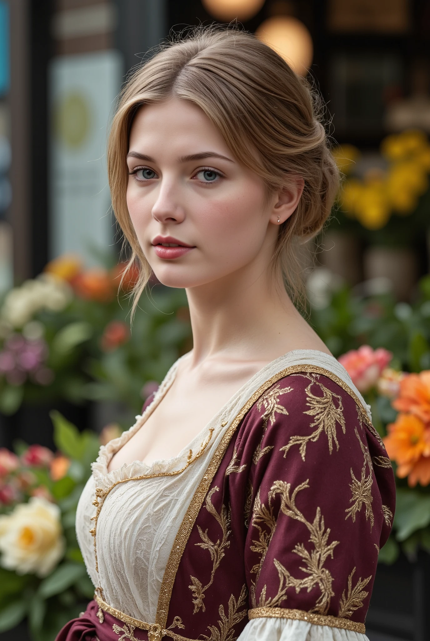 Create a realistic photograph of a beautiful -yeld Frh girl from the late 19th century, captured from head to thigh. She has medium-length hair tied back with dark blonde bangs framing her blue eyes. She is dressed in a typical young woman's outfit from the late 19th century in France. The background features a vibrant flower shop on a street corner in late 19th century Paris, filled with a variety of colorful flowers.