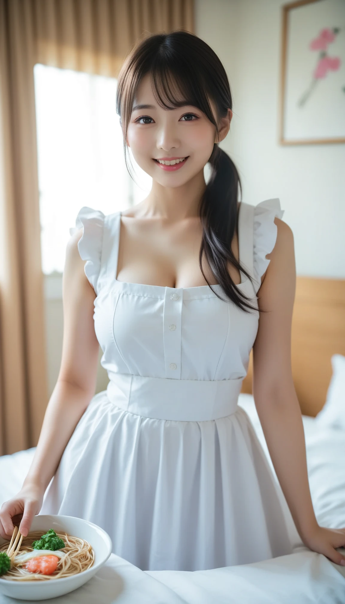 top-quality、Top image quality、masterpiece、fully body photo、25 years old women, Dark brown wavy middle hair、bangss、((White apron with frills))、 (no-bra、Puffy nipple、Visible)、Blue Panties、soft boob、Large breasts、Bare legged、 cute smile face、衣服湿透、on a couch、((I can see all my panties、open one's legs、Open knees、Rub your chest with both hands、Touching the crotch))、((Lying on the sofa))