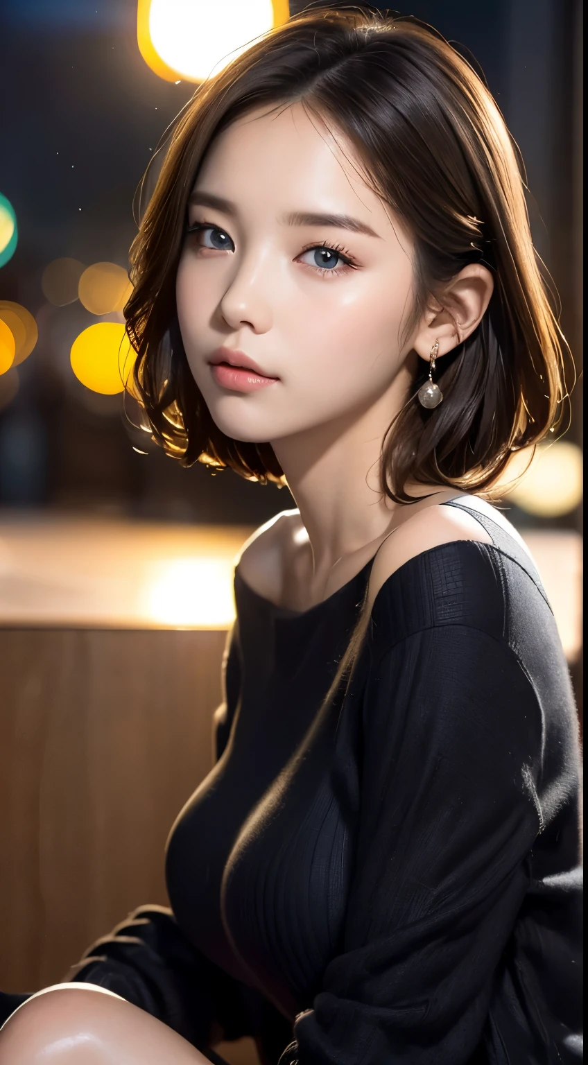 (( best quality , 8k, Masterpiece: 1.3)),(( Hasselblad Pictures)),  perfect shiny skin built on a plateau at sunset,  Perfect Lighting ,  detailed lighting,  Fine Skins ,  clear focus , (  Cinematic Lighting ),  soft lighting  ,  beautiful woman with sweat on her face , ( Search 。 The hairstyle is random : 1.2),  super detailed face , bangs,  big breasts , Exposed chest, blue eyes, (( dark background )),  stares at viewers,  off shoulder,  black sweater that has been hit,  SHARP FACE ,  opening mouse , Long Bang,  Oversized Hoodies ,