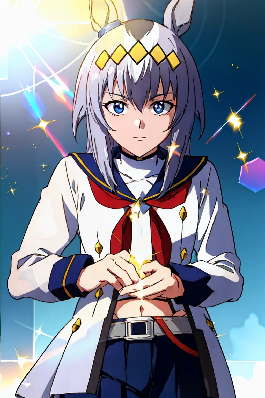 (masterpiece,highest quality,Super detailed,8k,High resolution,an extremely delicate and beautiful,Official Art,Perfect Anatomy:1.5),((1990s \(style\),90s Anime,90s Anime style,retro artstyle,Cel-shaded anime,anime screencap,anime coloring:1.25)),(1boy :1.5), (yuuki nobuteru:1.7), (scale to fit the dimensions:1.2),  (( \( Uma Musume\):1.52)), blue skirt, Long Sleeve, belt, pleated skirt, black pantyhose, red neckerchief, midriff, belly button, white shirt, jacket, blue sailor collar ,
(Shining Eyes),blends well with the eye,blends well with the eye,Eye focus,(Carefully crafted brilliance, Lens flare:1.7),(Expressions of joy:1.51),Octane Rendering,Rainbow Paint Drops,Woman made of paint,Full Paint,(Movie Background),Splat,splash,Dark and blurry background,close,(Best writing, Very delicate and beautiful),Beautiful sparkle in every detail,(Soft Light:1.2),(soft money tone lighting),W腕 and Soft Lighting,dramatic light,((Cinematic Light)),Ambient Occlusion,Zhou Xianguang,Intense,powerful,Absolutely eye-catching splashes of color,((caustic)),ray tracing reflection,The light shines,morning,