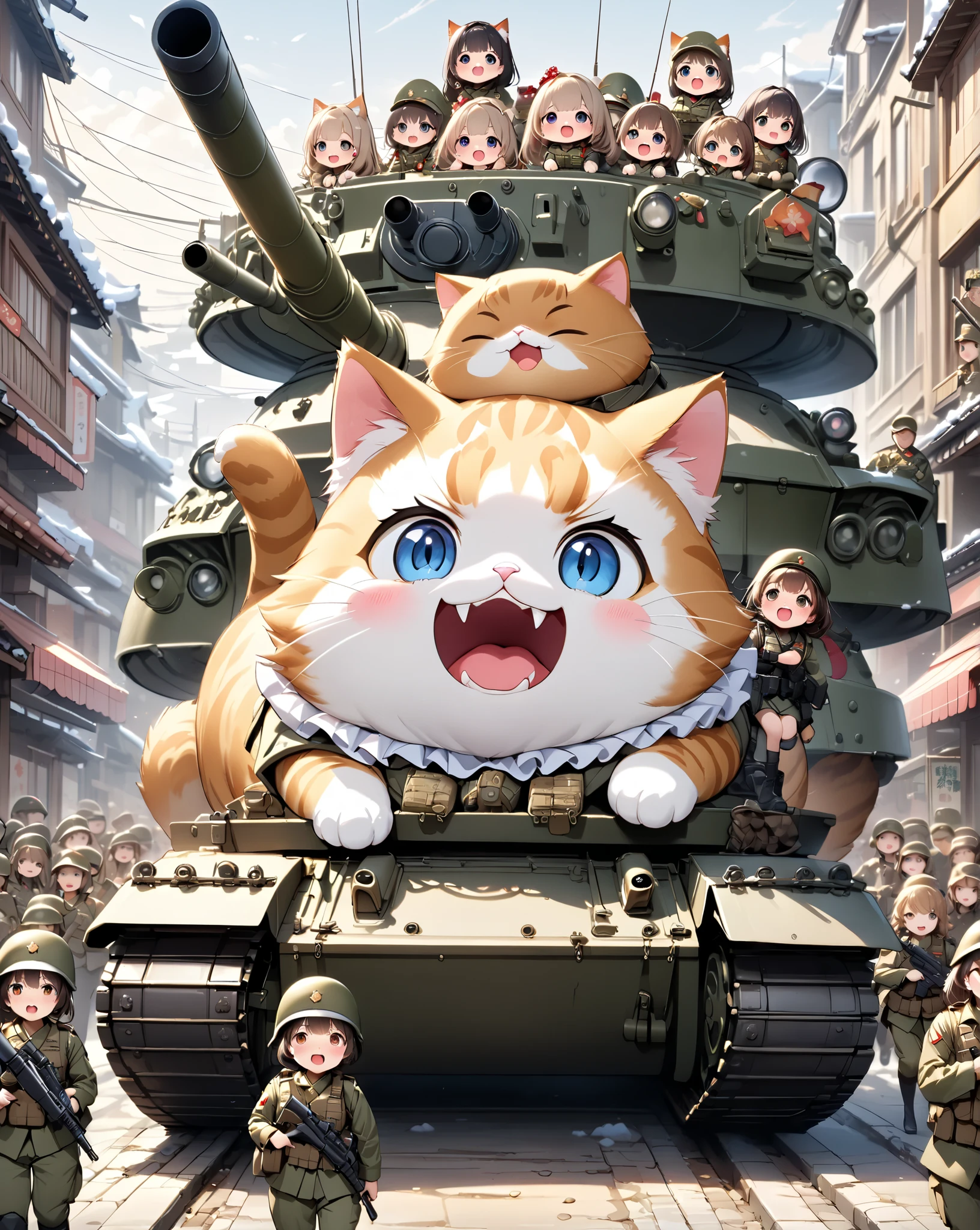 (masterpiece), (ultra-detailed:1.3), best quality, clear focus, dramatic scene, cinematic, shadow, (ultra-high resolution:1.3), (8k:1.3), perfect anatomy, perfect face, (detailed face), (detailed eye:1.2), (chibi:1.2), cute Japanese chibi girl, famous Japanese chibi idol, very beautiful and cute and cool face, (wearing a gorgeously decorated very cute military uniform with frills:1.2), (tactical vest with military harness:1.3), (large breasts), military boots, (She is driving a traditional Japanese decorated cute military armored double decker tank with a giant fat cat:1.3), snow-covered dirt road in the abandoned town, there are stores at the street are gorgeously decorated with new year holidays, (detailed very cute fluffy giant cat is extremely surprised and screaming:1.3), (many female soldiers line up in front of a tank with a cat on it:1.3)
