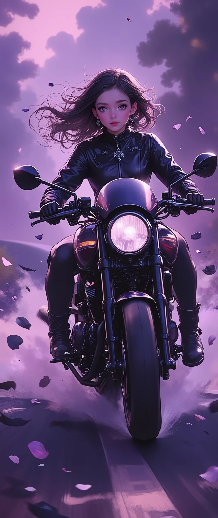 (Masterpiece,8k,16k,wallpaper),( best illustration), A Day With My Gothic Girlfriend,( woman wearing a gothic fashion black rider suit riding a motorcycle:2.0),( ride at super high speed on a motorbike on a road where black roses have bloomed:2.0),(Gothic style black motorcycle :2.0),( representing super speed of light with beautiful white lines of light :2.0),( visual effect :2.0),( MOTION BLUR :2.0),(Countless black rose petals dancing in the air :2.0),(Stylish:2.0),( has a purple background),( dynamic:2.0),( hair fluttering in the wind:2.0)