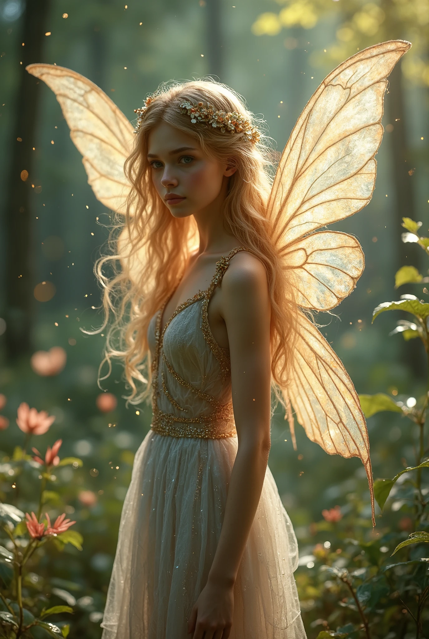  A detailed fairy girl with delicate wings ,   transparent wings that rest gracefully on the ground  . She has a lot of time,  wavy hair ,   and its ethereal beauty is enhanced by soft  , bright light.   The background presents a magical forest with twinkling lights and foliage.. The fairy wears a brilliant  ,  semi-transparent dress ,  creating a mystical and enchanting atmosphere . The overall scene is serene and otherworldly ,   that capture the enchanting essence of a fairy in a magical forest  ,  realistic , photo realistic ,  RAW photo,