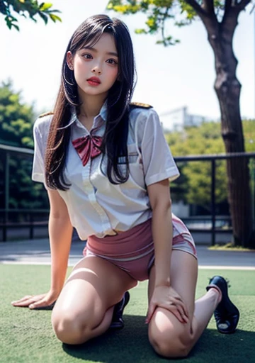 (((Sexy costumes that accentuate your sexy body:1.65)))、(((Sexy knee-highs:1.65)))、((((Spread your legs wide、Touching the thigh、Showing off your crotch、Thin pubic hair sticking out、large pointy breasts))))、masterpiece, Highest quality, 8k, 85mm Portrait, Absurd, beautiful girl, (night, Upper Body:1.5), cute, street, (school uniform, White shirt, Short sleeve, Dark brown grey pleated skirt, Dark grey tie:1.2), Long Hair, thin, neon, (Lianyungang City, He appreciates it, Yeongkwan:0.4), No makeup, (Dark red tie:1.2), perspective, Depth of written boundary, Ultra-realistic, High resolution, photograph, Sharp focus, High resolution, Face Light, Dynamic Lighting, Most detailed, Very detailed, Super detailed, In detail, Real Skin, Delicate facial features
