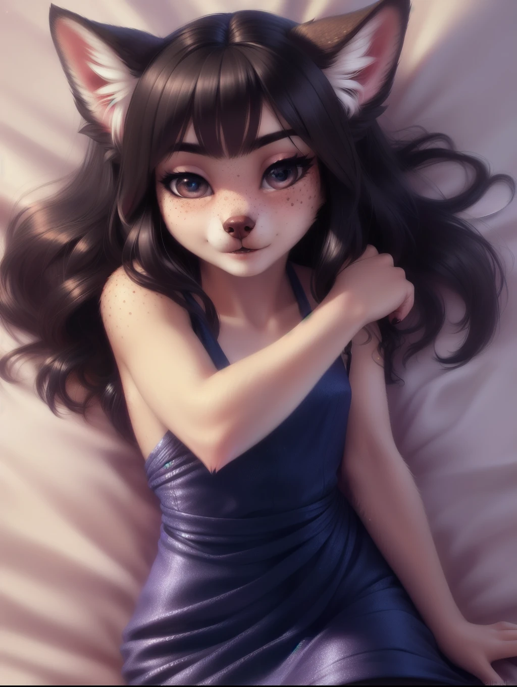 A young (fluffy anthro furry) little Otter girl. young body figure black hair and eyes white fur wearing a cute childish black crop top with a blue star pattern and a black sports short with white underwear. Looks to be in the second grade.Laying down on her bed. Night time. highly detailed, finely drawn, anime style, detailed remarkable eyes
(stylized Anime artwork, (brown outline), a1 pictures style), detailed, masterpiece, best quality, detailed background