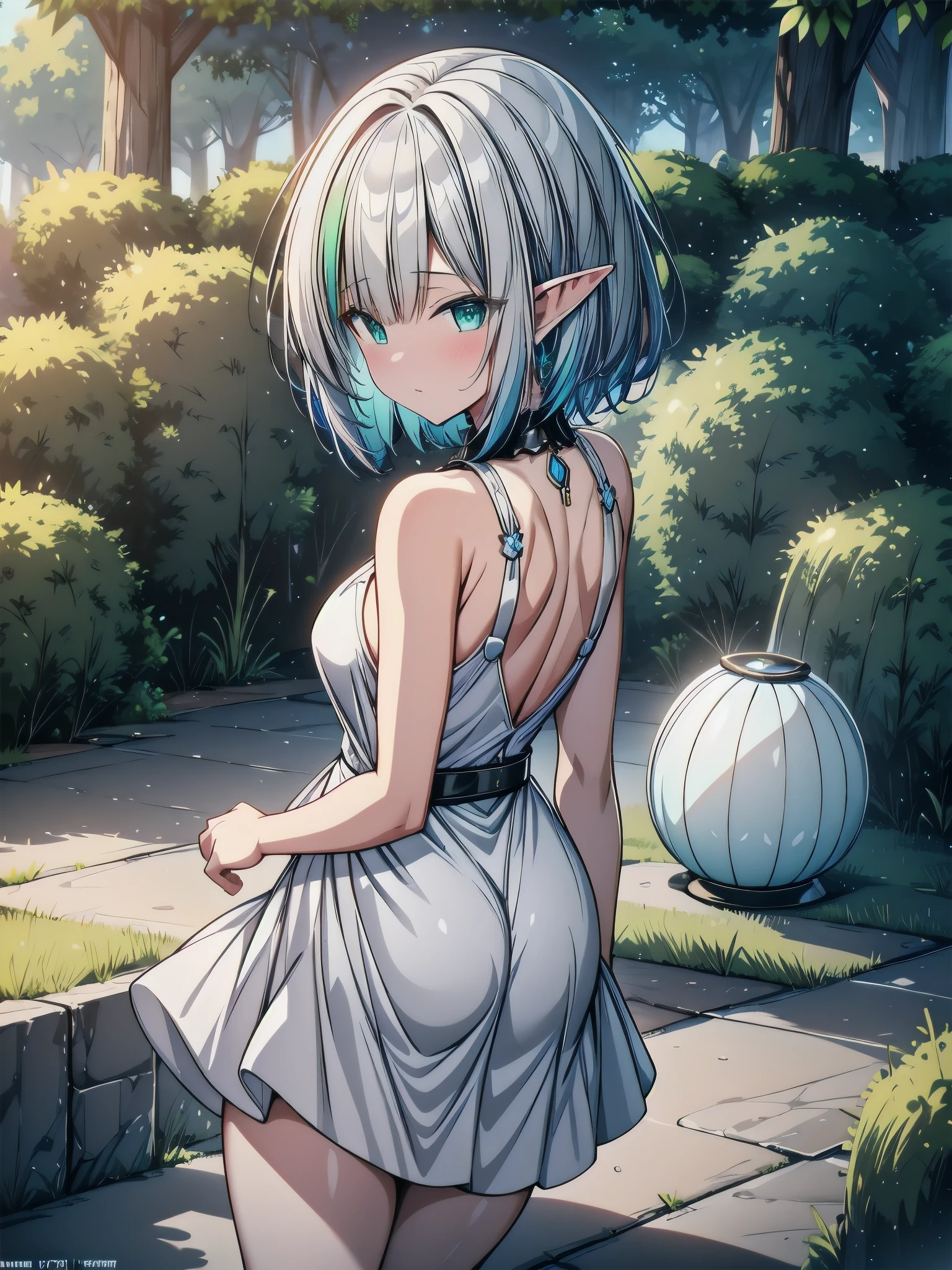 extremely high quality , CG, ( detail eyes,and face), ( bright color), (Anime), 1 Female, (Mature Woman:1.2), impact , (Rich:1.4), goddess, time stops, Fantasy , (Elf), ( big size:1.5), holding a star , Beautiful gemstones, cloud, long, curly gray blond hair, ( Deep Cleavage), Masterpiece, Top Tier, Luxurious, 8k, Unity Wallpaper , Unreal Engine 5, ray tracing , 8k, movie, Deep Depth of Field , Forest and mountains in the background with , elegant , Tone Mapping , Hyperfocus , Open Lips, ( Back to Arm :1.2), Dappled Sunshine, (spring), nature, White sundress, full body photo, ( morning glow), Curvy,( mint green eyes), horizon , Picturesque Scenery , Deep Cleavage, tree々, stares at viewers, (forest), electro nipples ,upper body