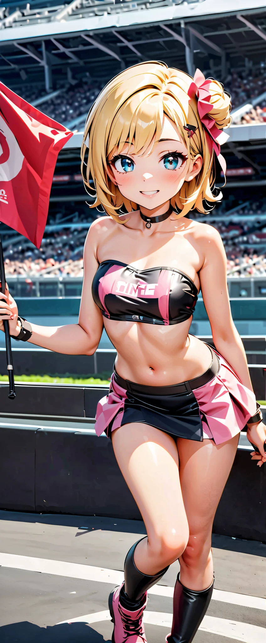 best quality , Ultra high resolution, One person, small breasts , black choker , smile, exposes shoulders, focus only , Audience ,Fair skin,Car racing track, photon mapping, physically-based rendering , RAW photos , very detailed background , K-pop Idol , is written in depth, hair ornament, detailed face, glowing skin, game cg,whole body, shiny micro tight miniskirt,shiny micro tube top, Shiny Long Boots , race queen, Sexy Poses,holding a flag,Gloss Lip