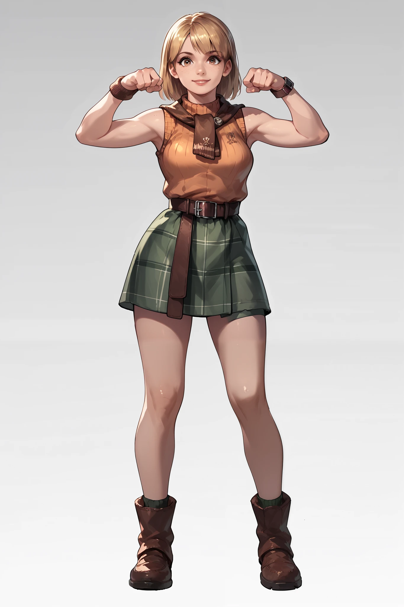 Anime concept art, dark fantasy, Ashley graham, Ashley Graham from resident evil 4, cute, Ashley's sexy outfit, thin waist, medium breasts, sleeveless, cute pose, full body view, fullbody overview, resident evil 4 concept art